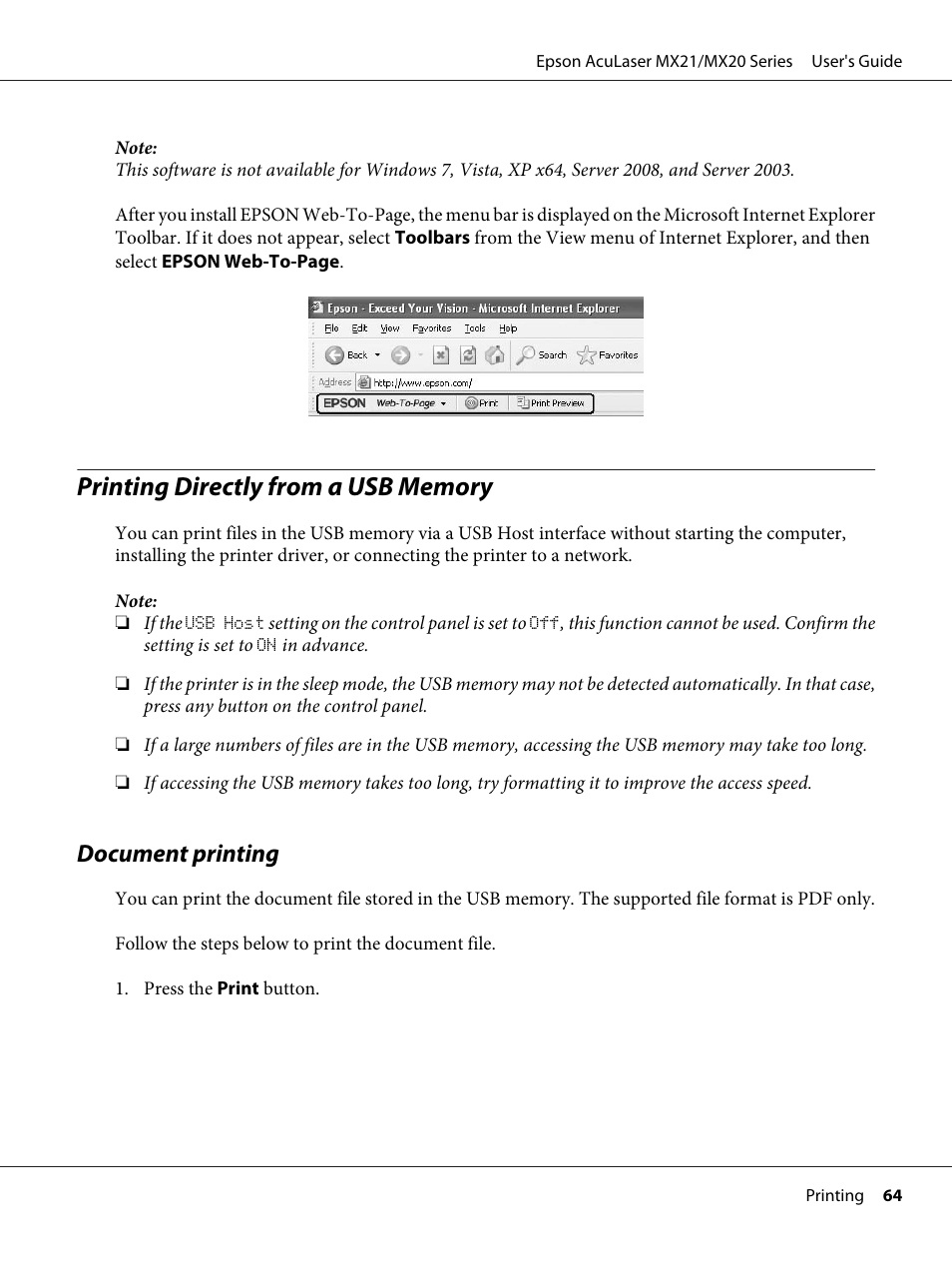 Printing directly from a usb memory, Document printing | Epson AcuLaser MX20DNF User Manual | Page 64 / 286
