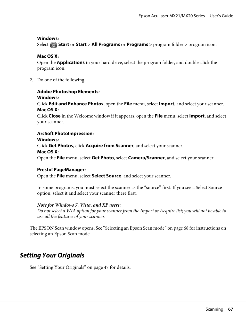 Setting your originals | Epson AcuLaser MX20DNF User Manual | Page 67 / 286