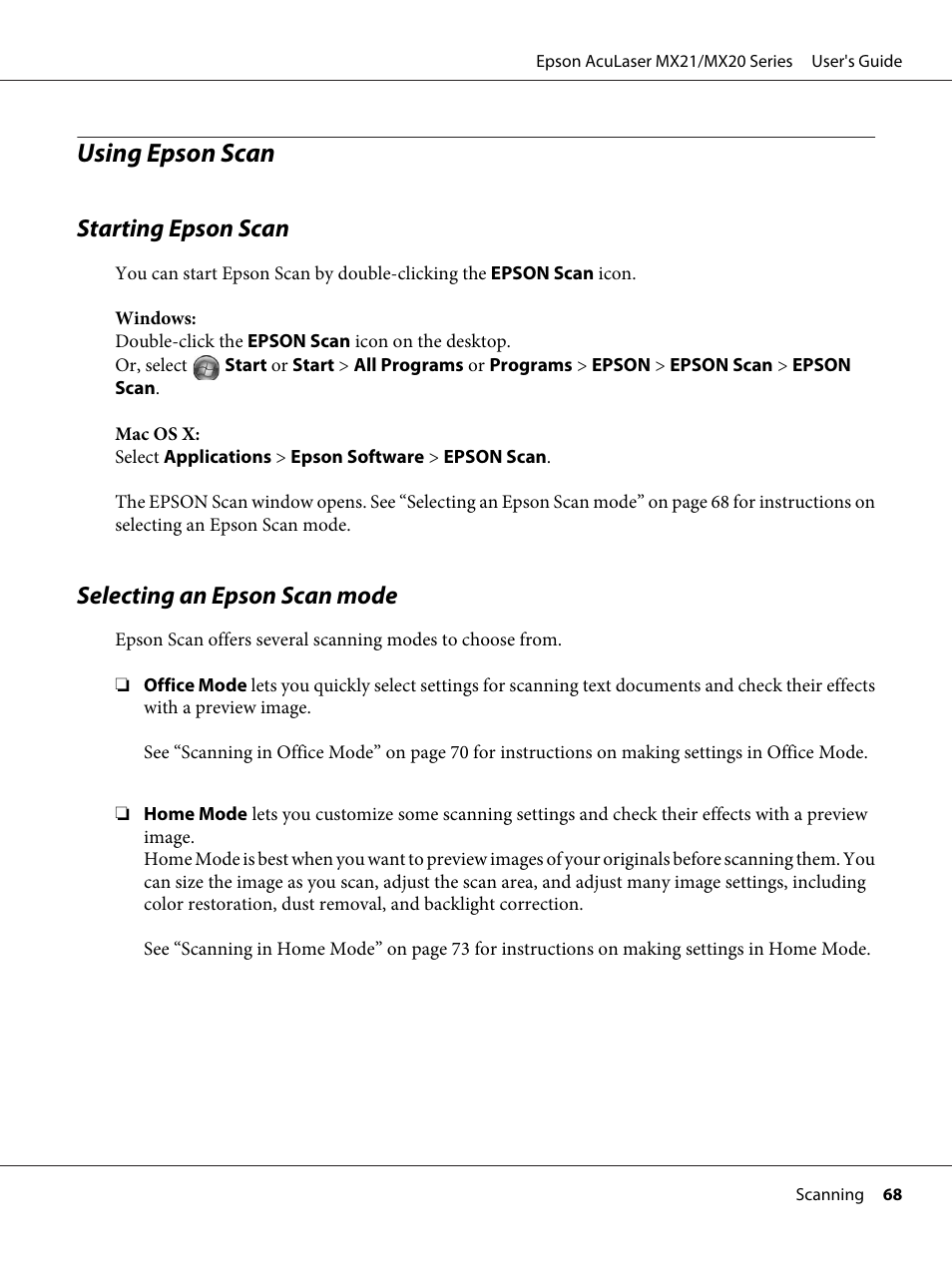 Using epson scan, Starting epson scan, Selecting an epson scan mode | Starting epson scan selecting an epson scan mode | Epson AcuLaser MX20DNF User Manual | Page 68 / 286