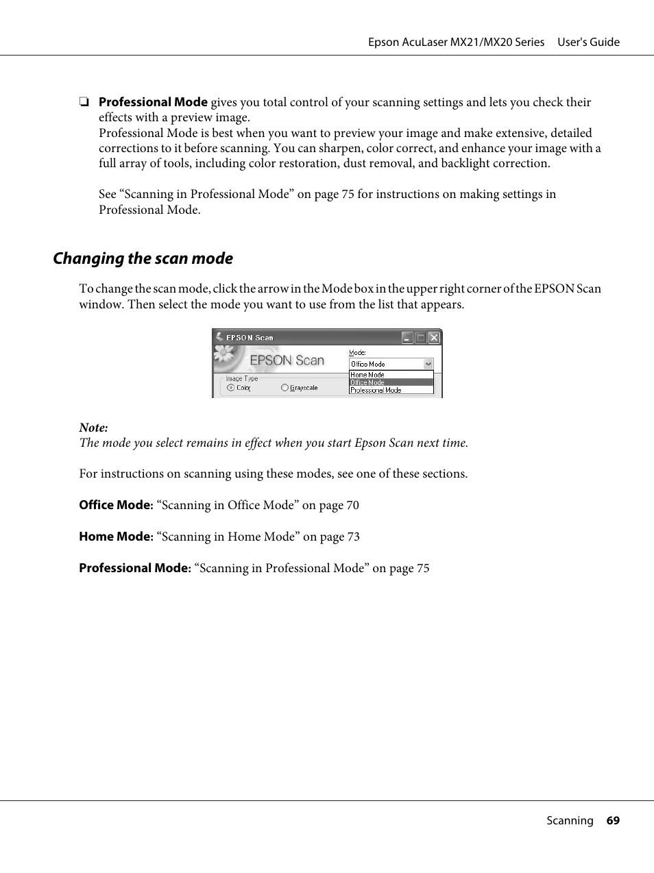 Changing the scan mode | Epson AcuLaser MX20DNF User Manual | Page 69 / 286