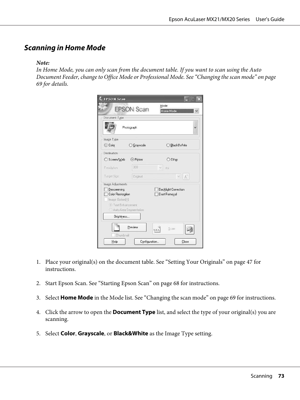 Scanning in home mode | Epson AcuLaser MX20DNF User Manual | Page 73 / 286