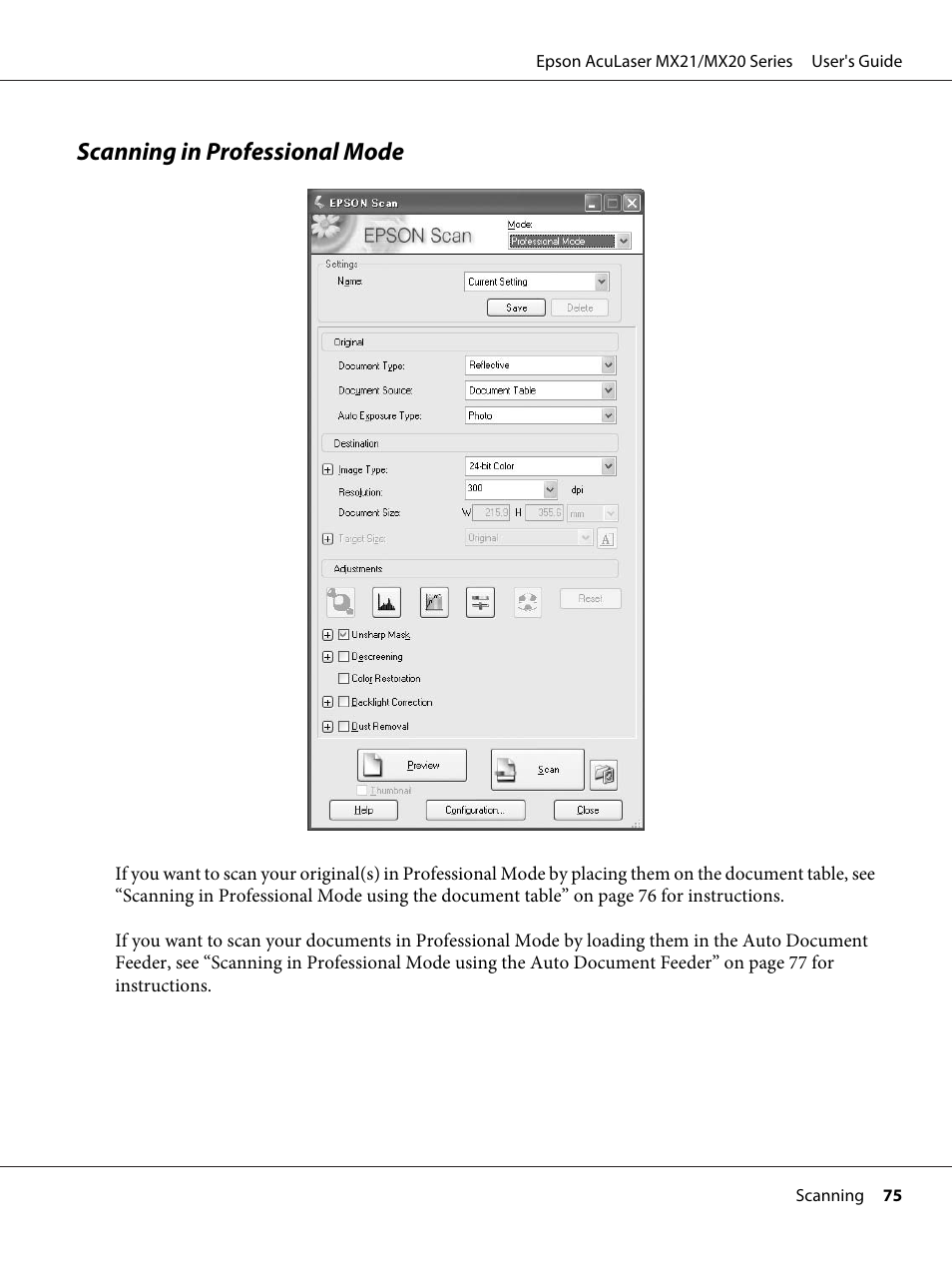 Scanning in professional mode | Epson AcuLaser MX20DNF User Manual | Page 75 / 286