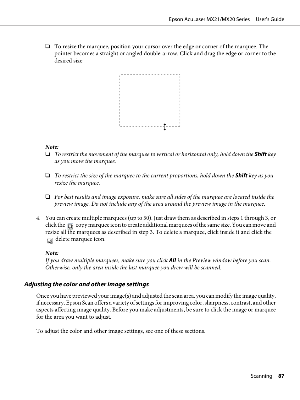 87 for instructions, S. see “adjusting the color and other image | Epson AcuLaser MX20DNF User Manual | Page 87 / 286