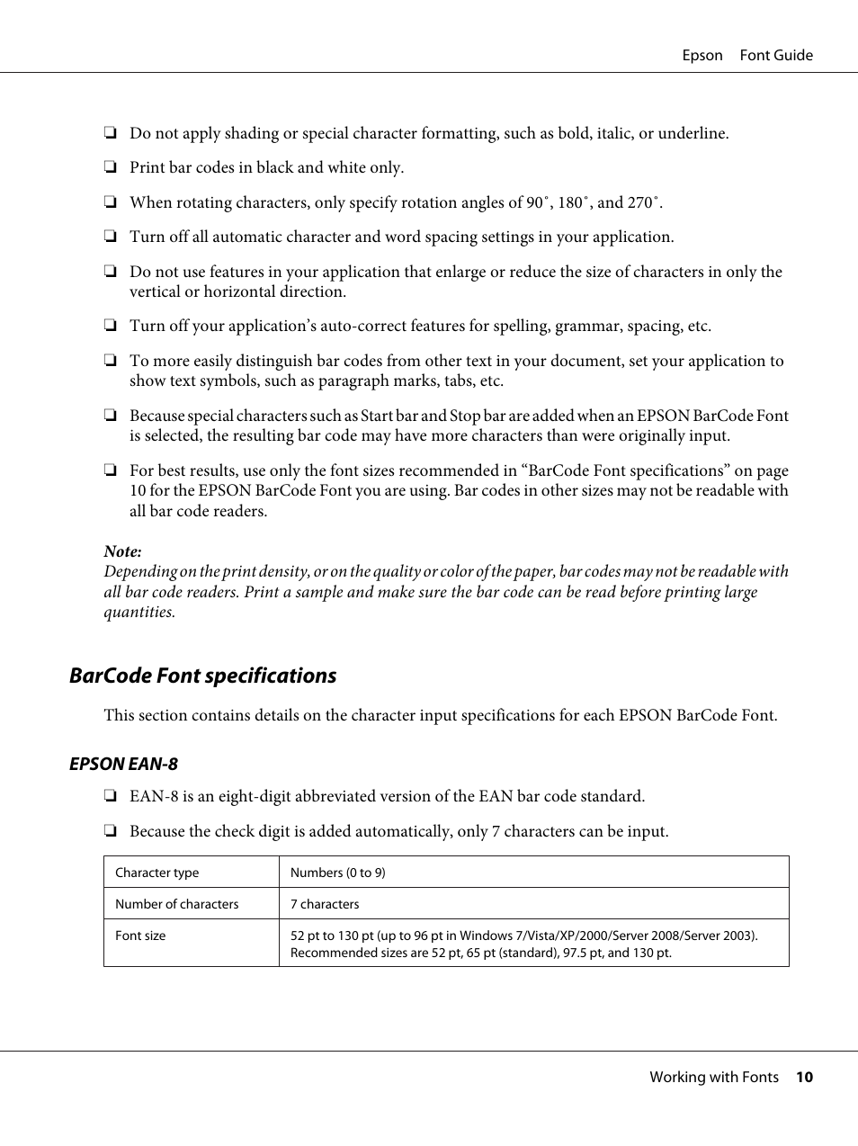 Barcode font specifications | Epson AcuLaser MX20DNF User Manual | Page 10 / 38