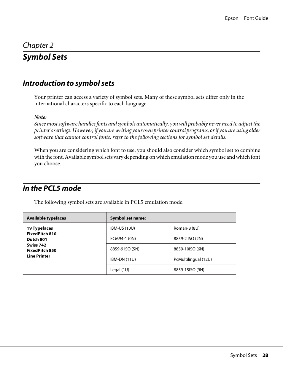 Symbol sets, Introduction to symbol sets, In the pcl5 mode | Chapter 2 symbol sets, Introduction to symbol sets in the pcl5 mode, Chapter 2 | Epson AcuLaser MX20DNF User Manual | Page 28 / 38