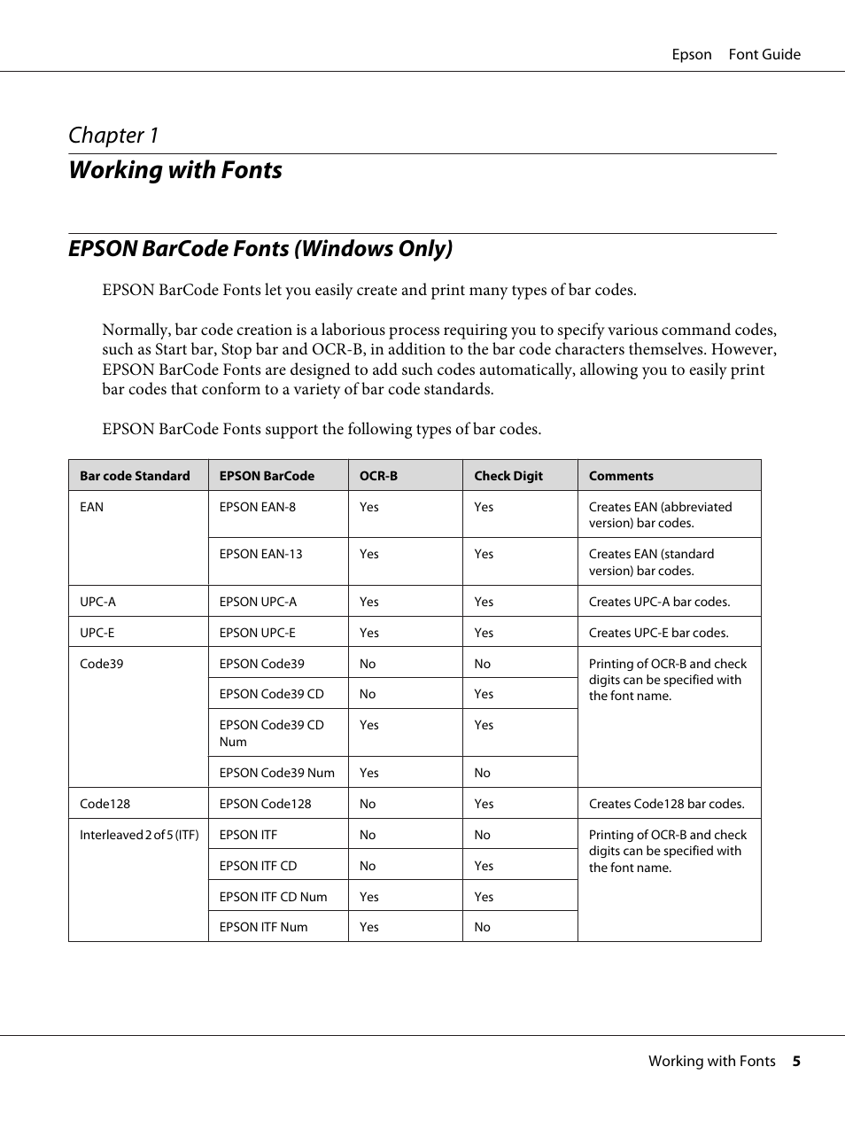 Working with fonts, Epson barcode fonts (windows only), Chapter 1 working with fonts | Chapter 1 | Epson AcuLaser MX20DNF User Manual | Page 5 / 38