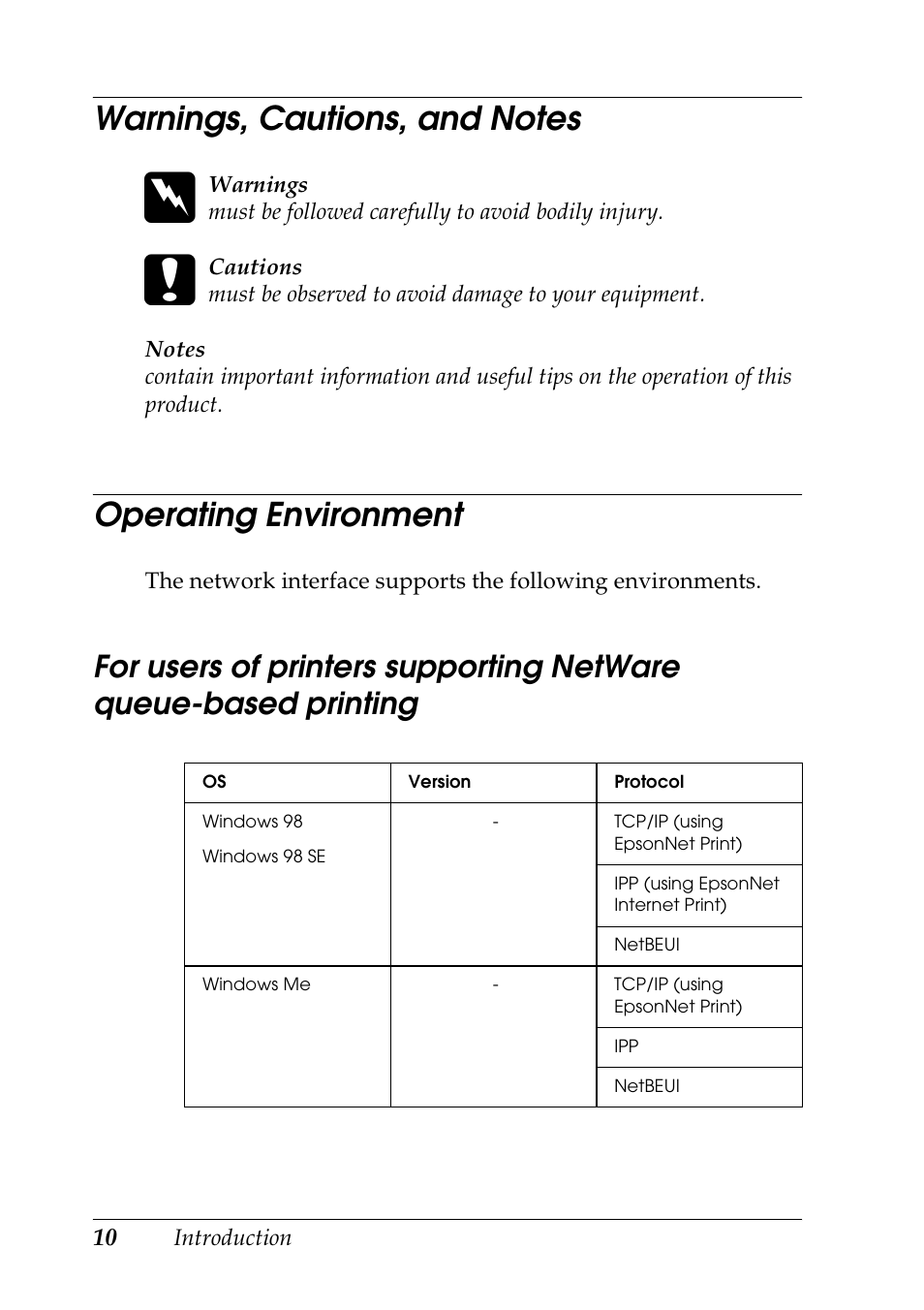 Warnings, cautions, and notes, Operating environment, Printing | Epson COLOR Copy Station 8600 User Manual | Page 10 / 242