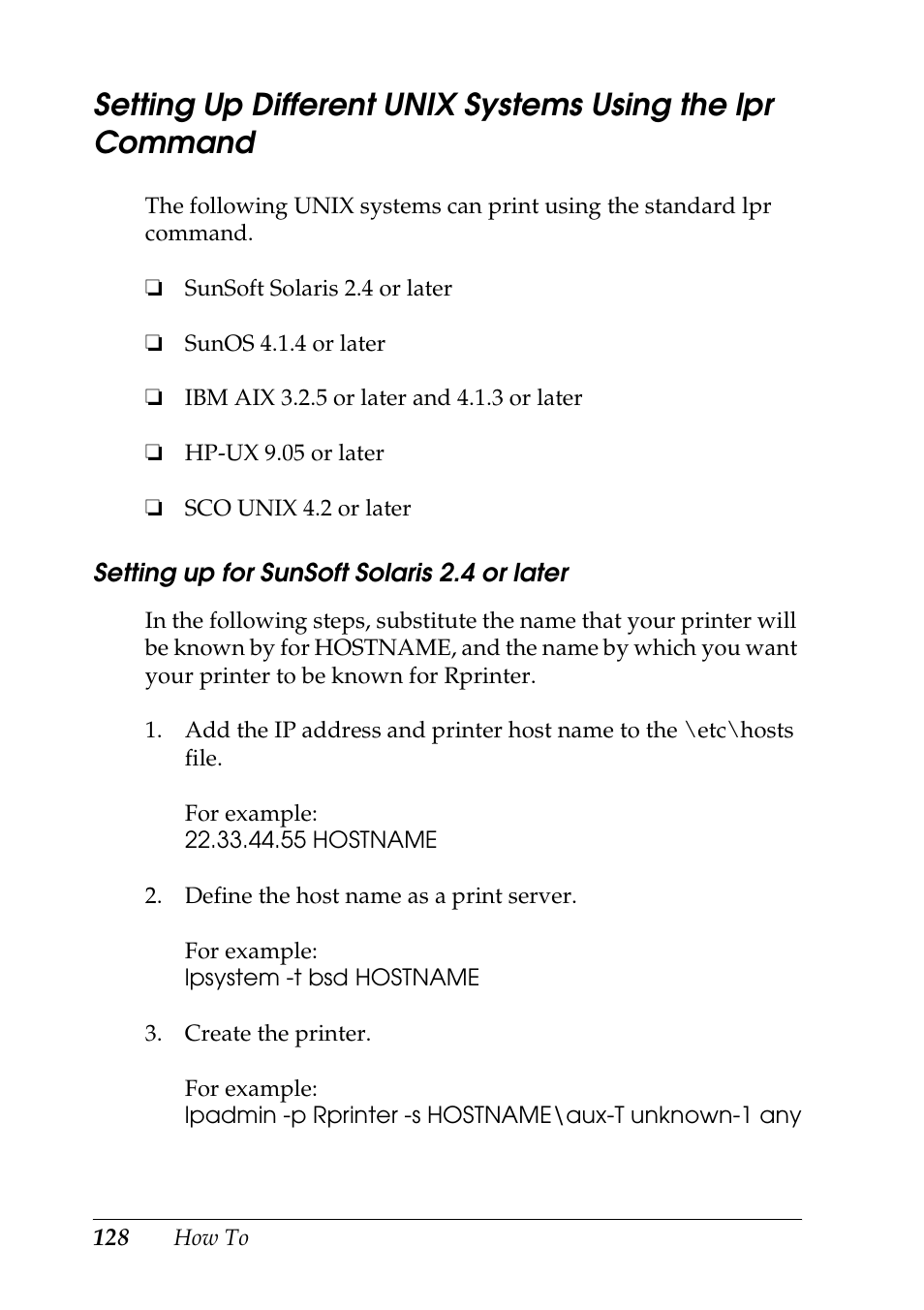 Setting up different unix systems using the lpr, Command | Epson COLOR Copy Station 8600 User Manual | Page 128 / 242