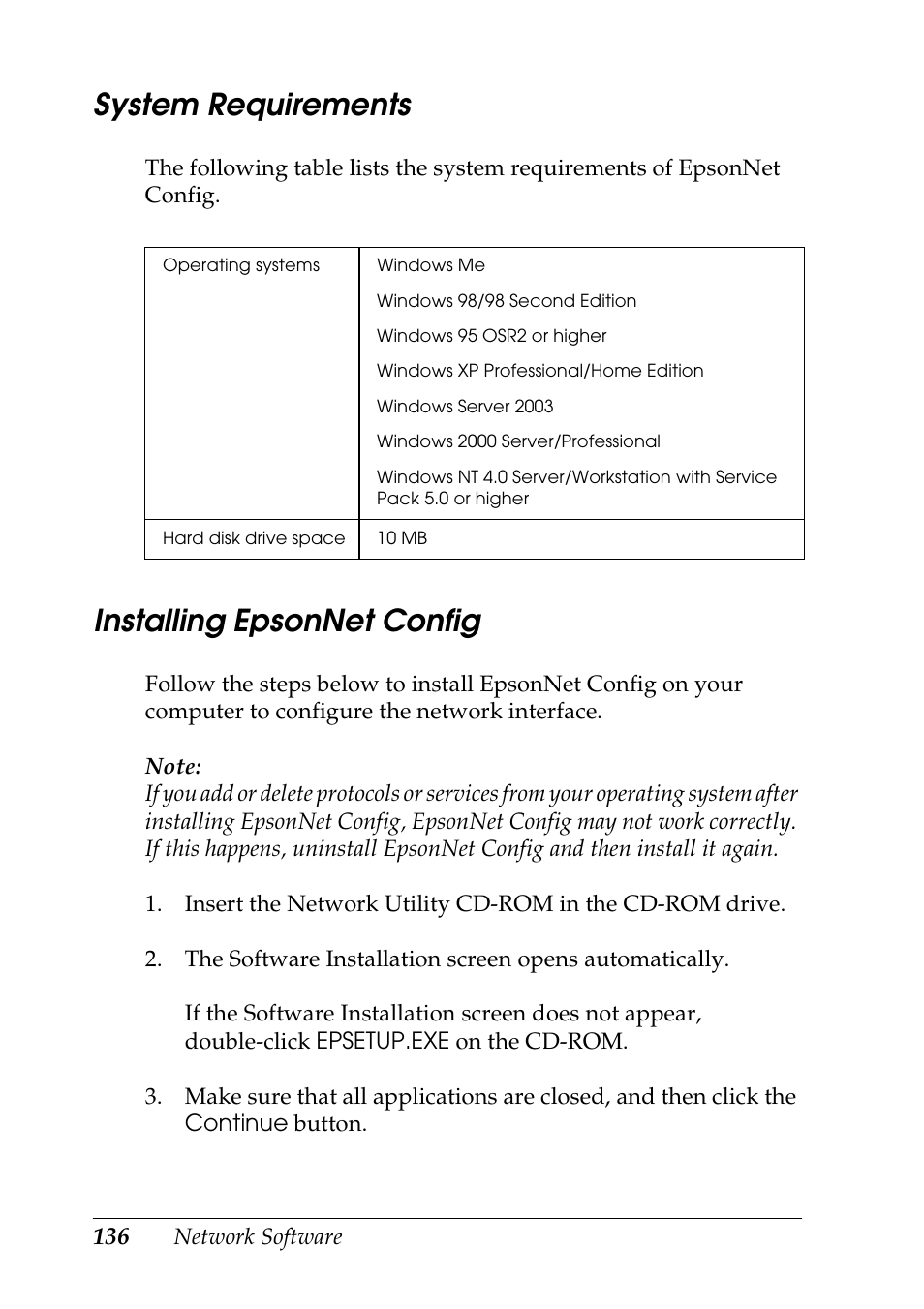 System requirements, Installing epsonnet config, System requirements installing epsonnet config | Epson COLOR Copy Station 8600 User Manual | Page 136 / 242