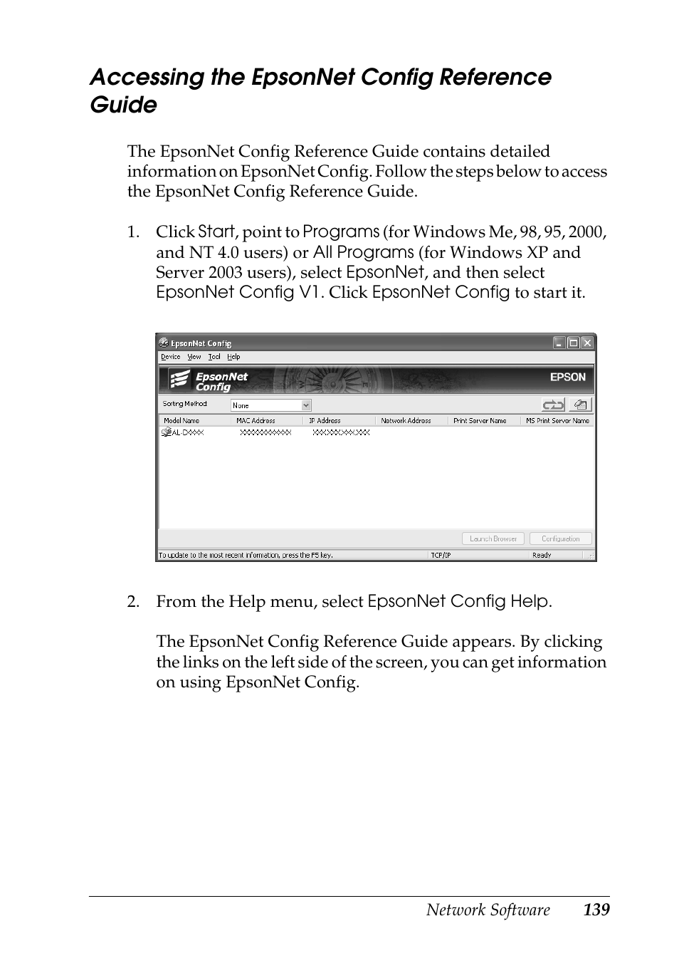 Accessing the epsonnet config reference guide | Epson COLOR Copy Station 8600 User Manual | Page 139 / 242