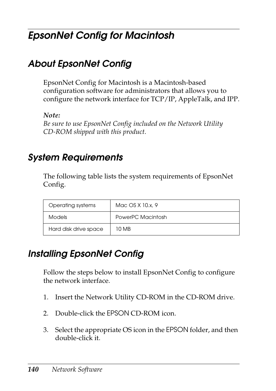 Epsonnet config for macintosh, About epsonnet config, System requirements | Installing epsonnet config | Epson COLOR Copy Station 8600 User Manual | Page 140 / 242