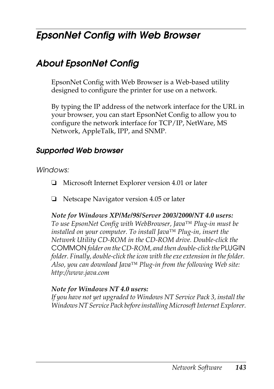 Epsonnet config with web browser, About epsonnet config | Epson COLOR Copy Station 8600 User Manual | Page 143 / 242