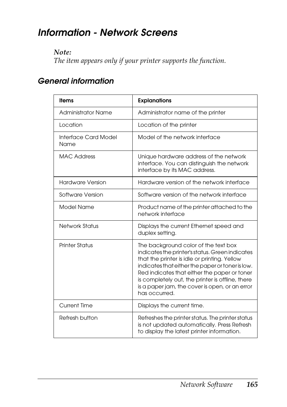 Information - network screens | Epson COLOR Copy Station 8600 User Manual | Page 165 / 242