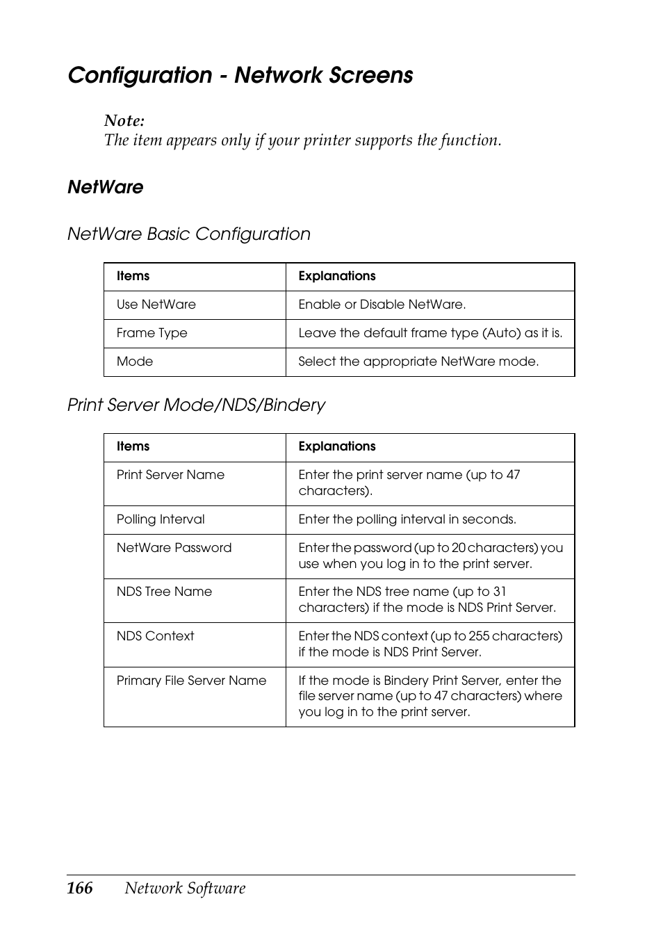 Configuration - network screens, Netware, Network software | Epson COLOR Copy Station 8600 User Manual | Page 166 / 242