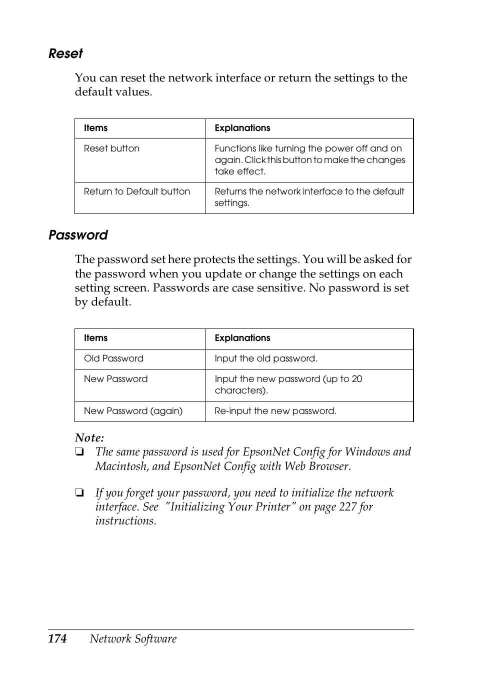 Reset, Password | Epson COLOR Copy Station 8600 User Manual | Page 174 / 242