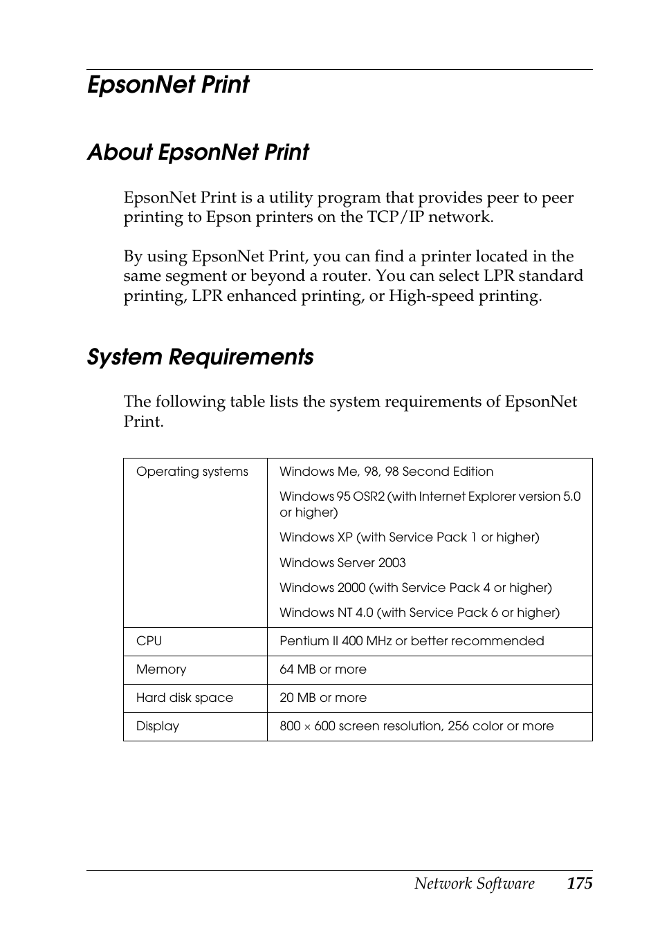 Epsonnet print, About epsonnet print, System requirements | About epsonnet print system requirements | Epson COLOR Copy Station 8600 User Manual | Page 175 / 242