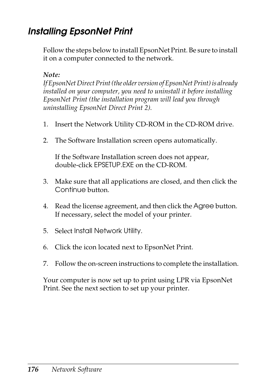 Installing epsonnet print | Epson COLOR Copy Station 8600 User Manual | Page 176 / 242