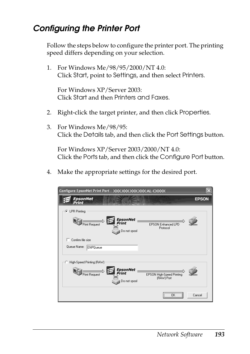 Configuring the printer port | Epson COLOR Copy Station 8600 User Manual | Page 193 / 242