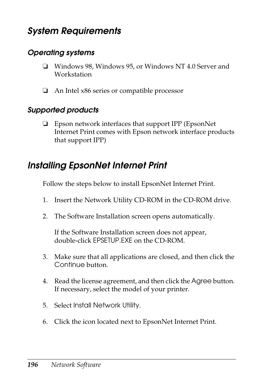 System requirements, Installing epsonnet internet print | Epson COLOR Copy Station 8600 User Manual | Page 196 / 242