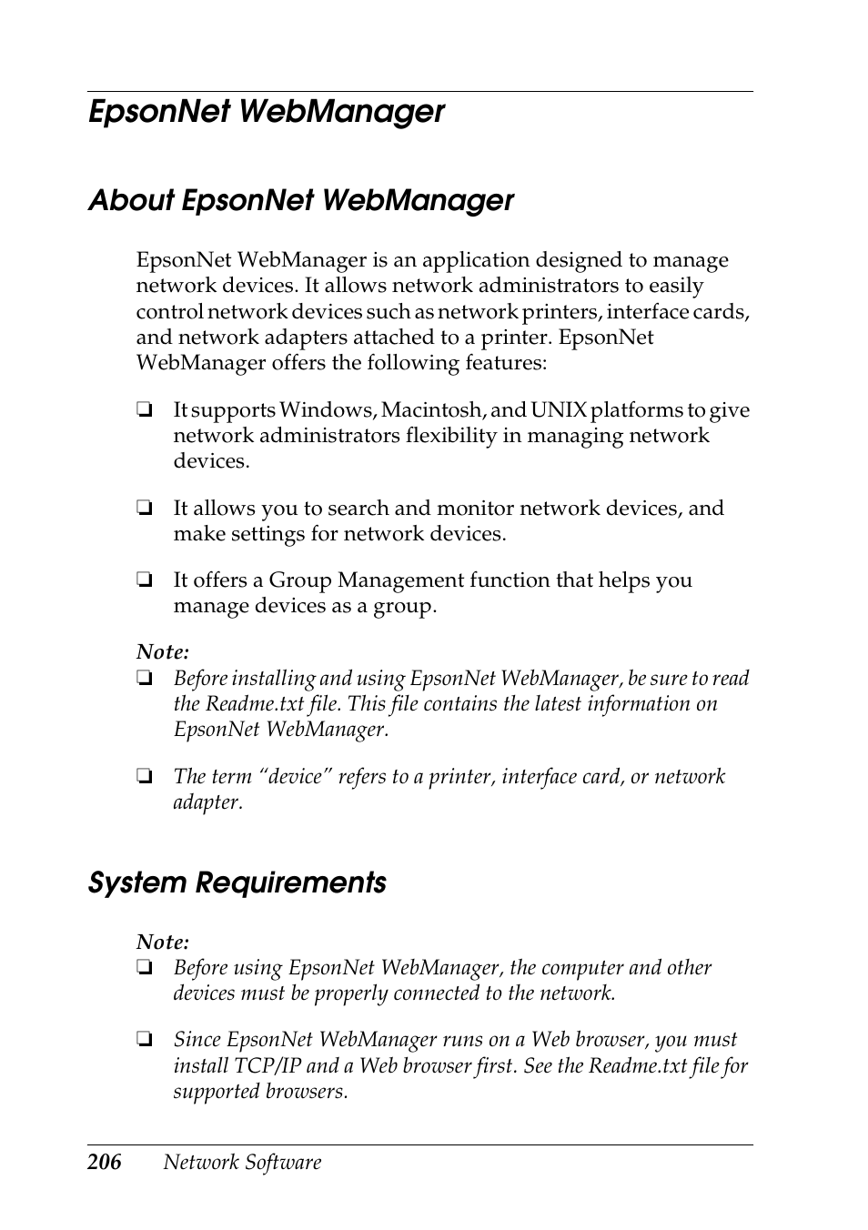 Epsonnet webmanager, About epsonnet webmanager, System requirements | About epsonnet webmanager system requirements | Epson COLOR Copy Station 8600 User Manual | Page 206 / 242