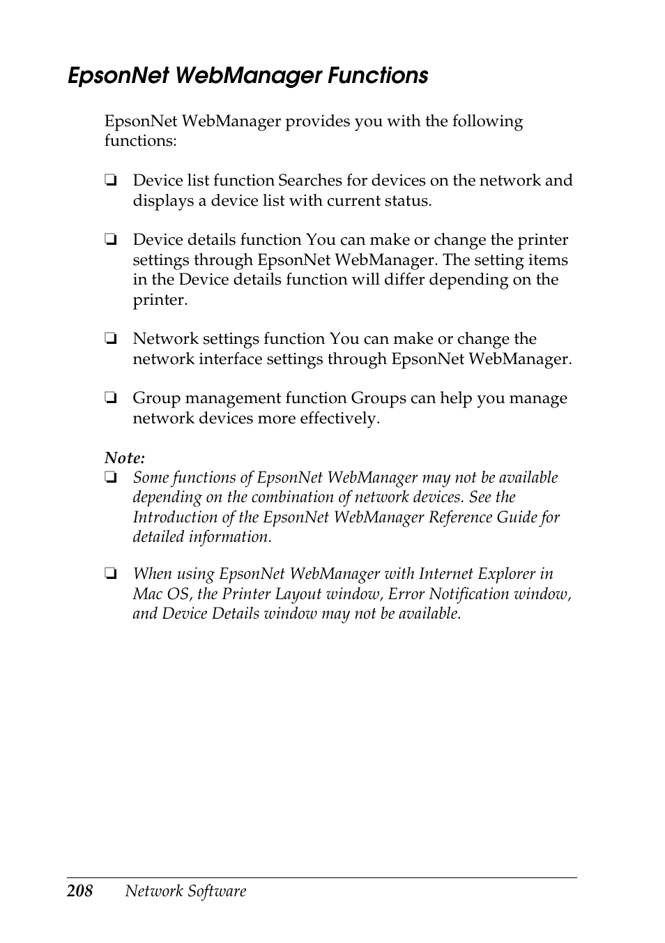 Epsonnet webmanager functions | Epson COLOR Copy Station 8600 User Manual | Page 208 / 242