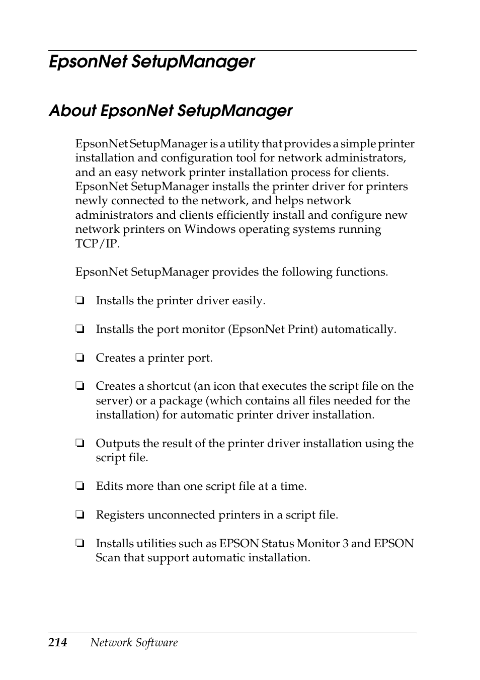 Epsonnet setupmanager, About epsonnet setupmanager | Epson COLOR Copy Station 8600 User Manual | Page 214 / 242