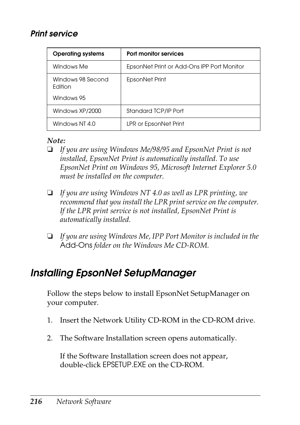 Installing epsonnet setupmanager, Print service | Epson COLOR Copy Station 8600 User Manual | Page 216 / 242