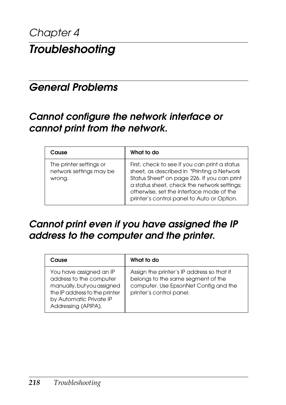 Troubleshooting, General problems, Chapter 4 | From the network, The computer and the printer | Epson COLOR Copy Station 8600 User Manual | Page 218 / 242