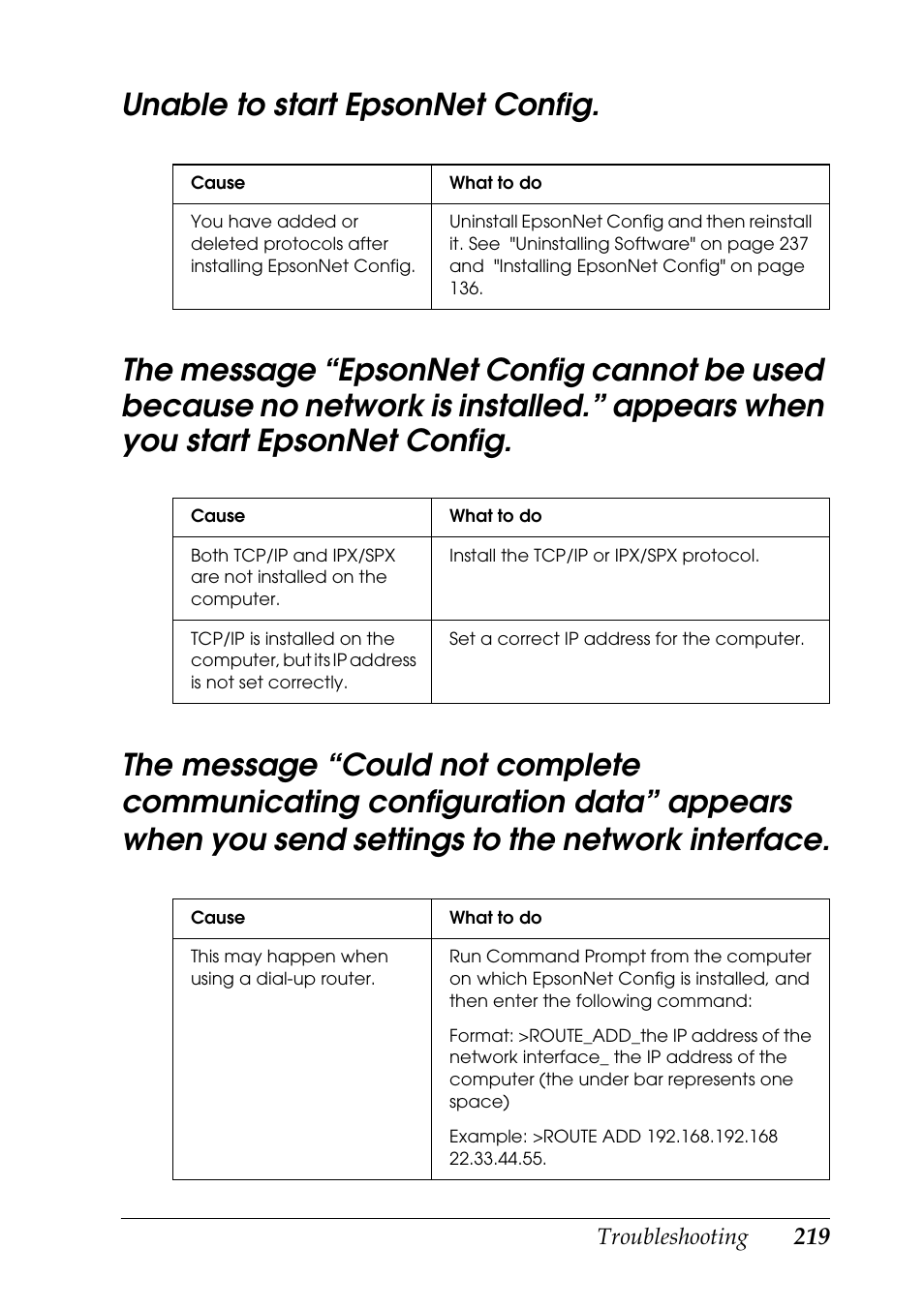 Unable to start epsonnet config, The message “could not complete communicating | Epson COLOR Copy Station 8600 User Manual | Page 219 / 242