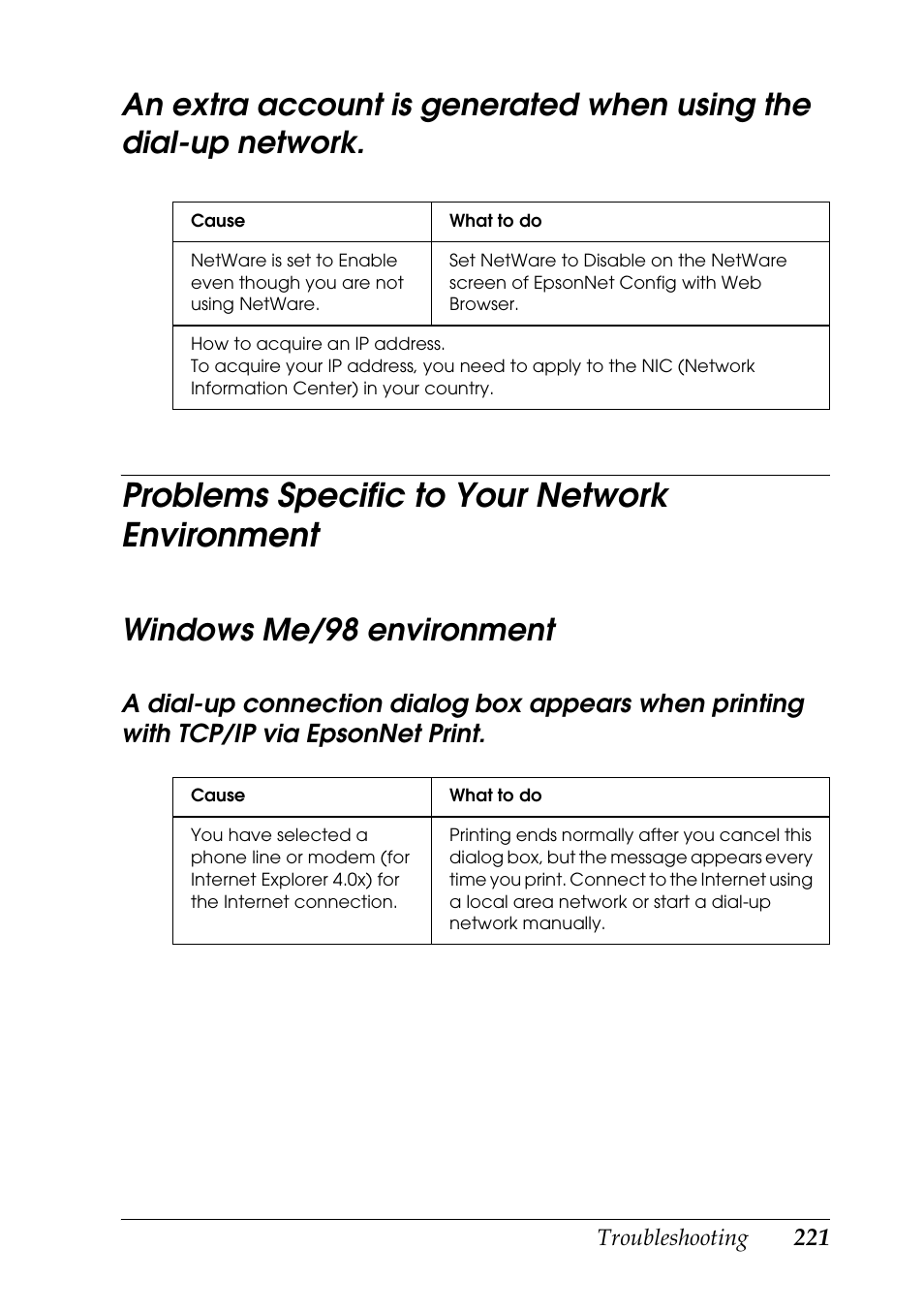 Problems specific to your network environment, Windows me/98 environment, Network | Epson COLOR Copy Station 8600 User Manual | Page 221 / 242