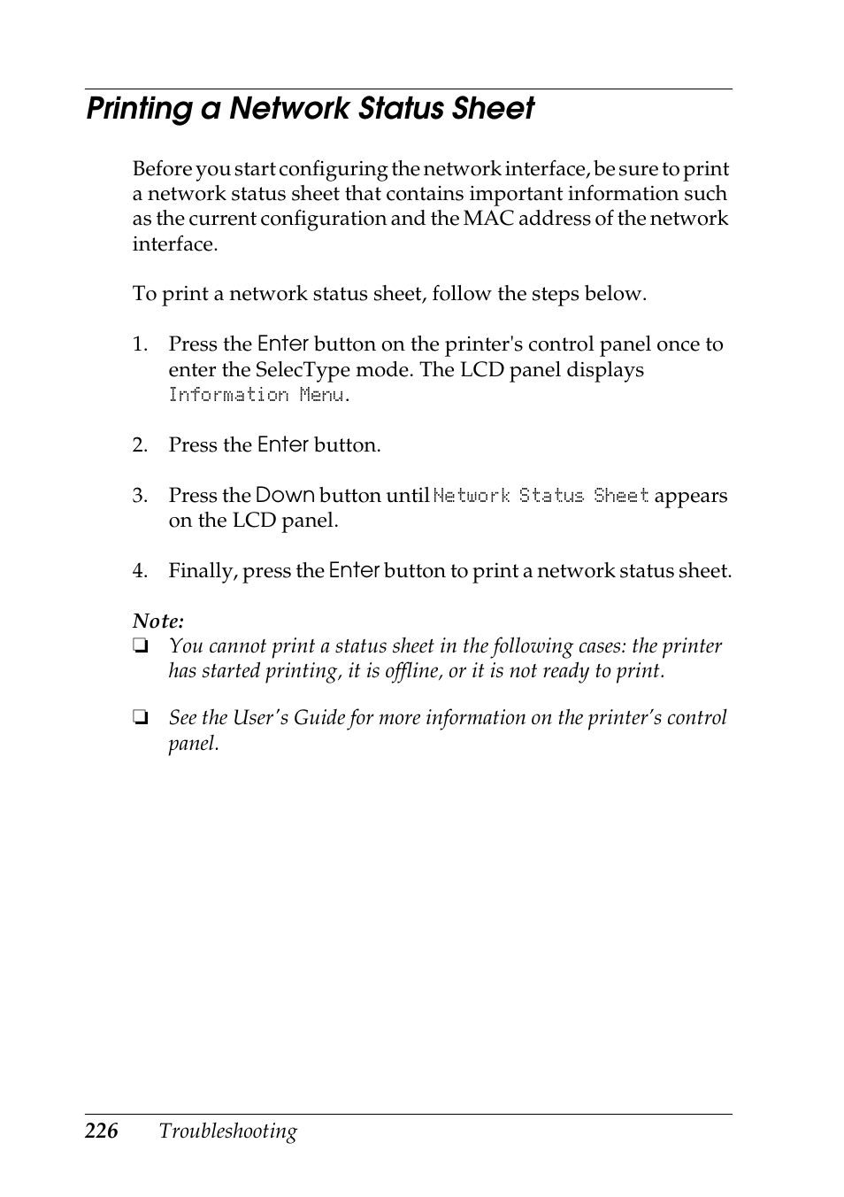 Printing a network status sheet | Epson COLOR Copy Station 8600 User Manual | Page 226 / 242