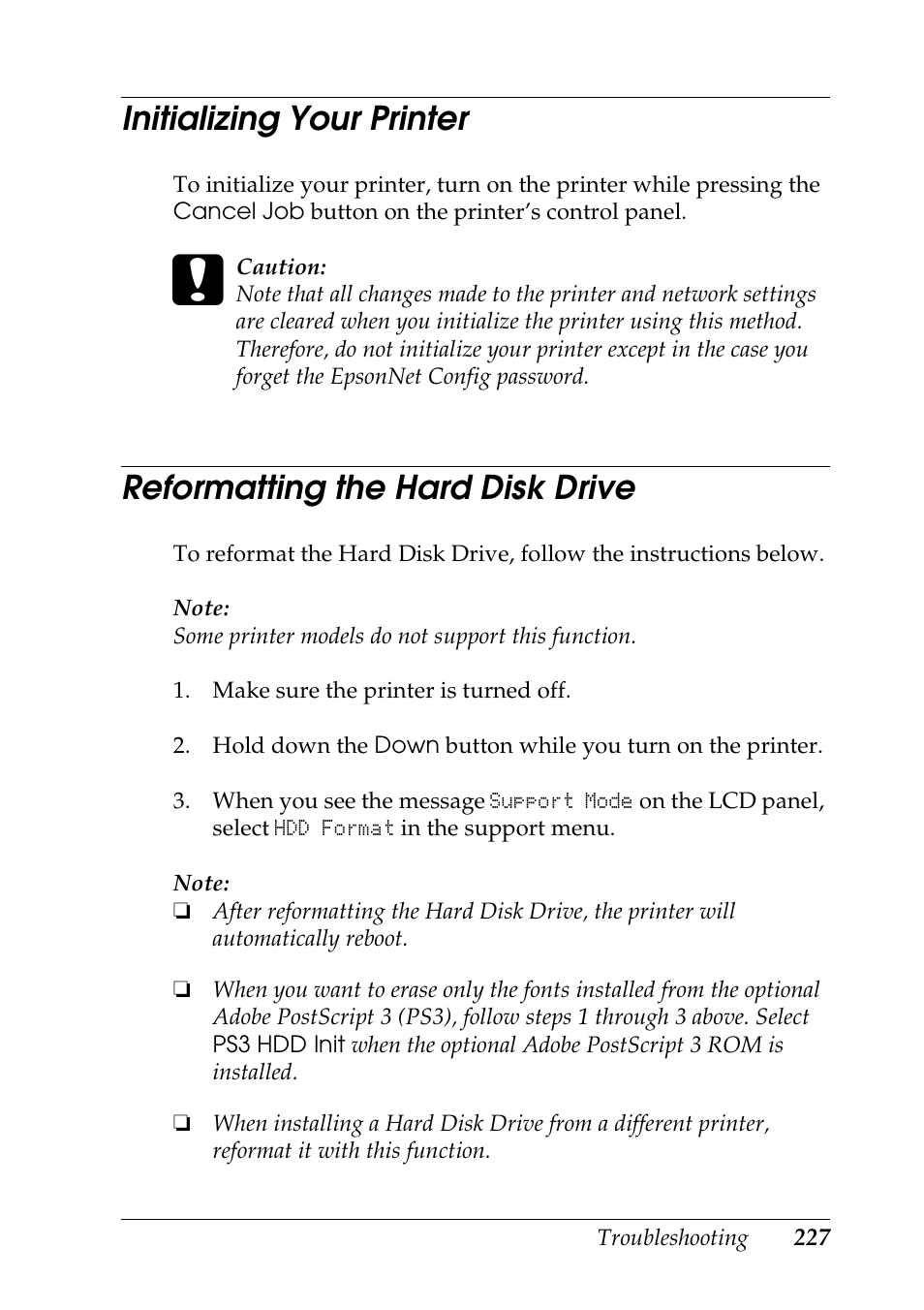 Initializing your printer, Reformatting the hard disk drive | Epson COLOR Copy Station 8600 User Manual | Page 227 / 242
