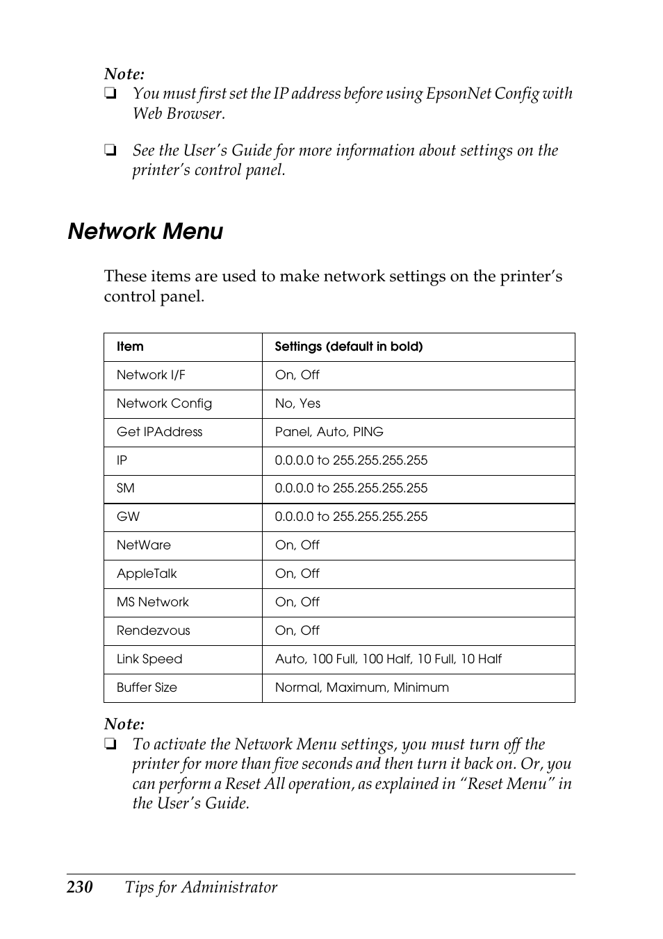 Network menu | Epson COLOR Copy Station 8600 User Manual | Page 230 / 242