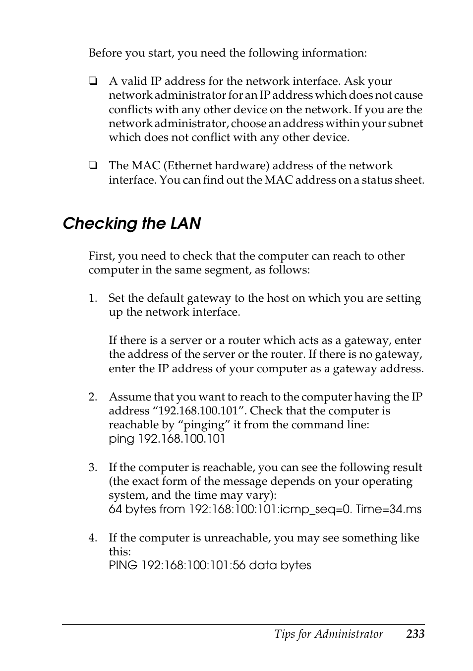 Checking the lan | Epson COLOR Copy Station 8600 User Manual | Page 233 / 242