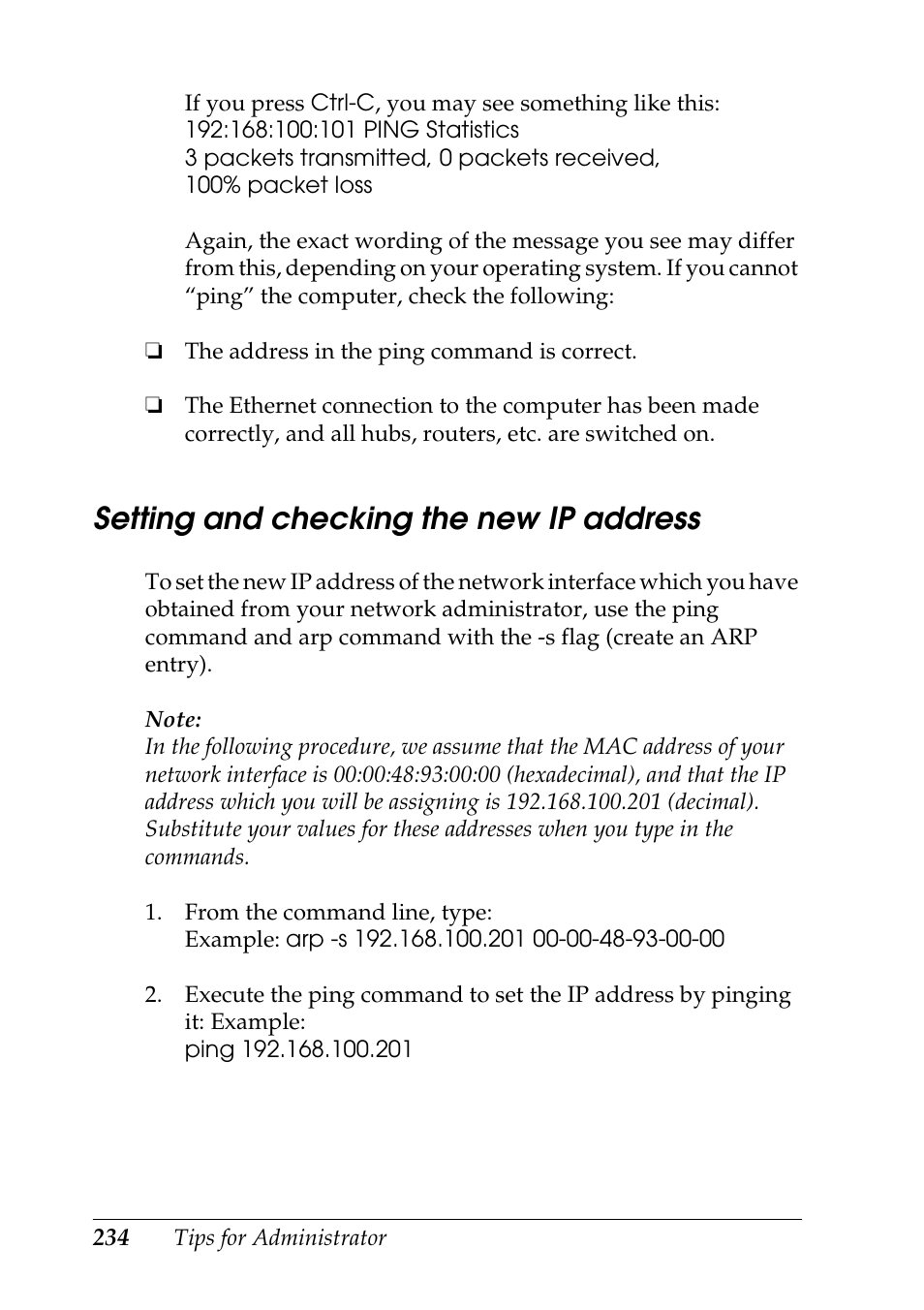 Setting and checking the new ip address | Epson COLOR Copy Station 8600 User Manual | Page 234 / 242