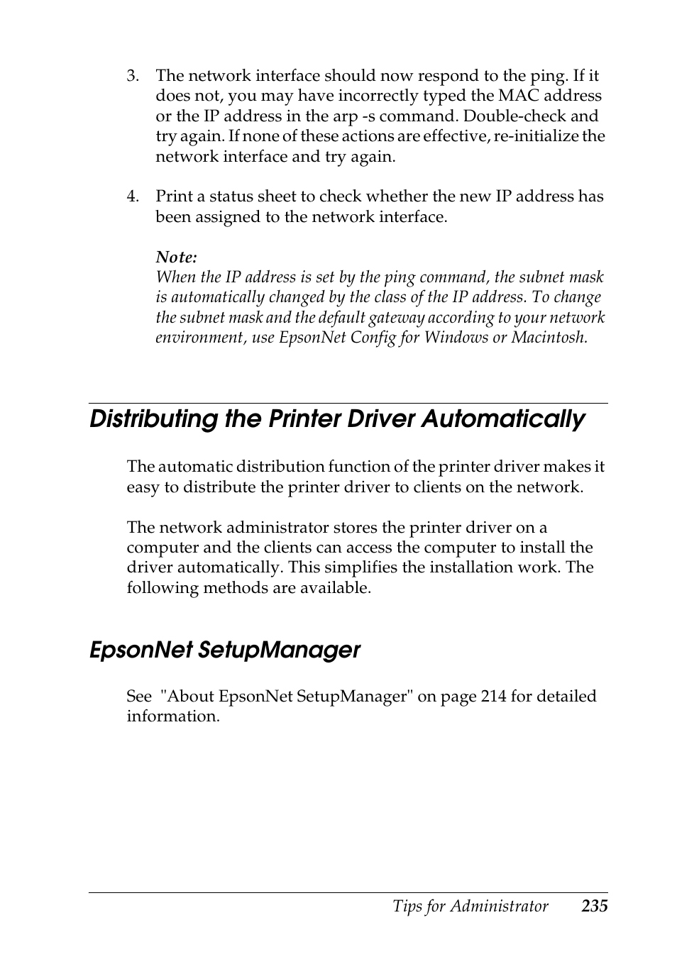 Distributing the printer driver automatically, Epsonnet setupmanager | Epson COLOR Copy Station 8600 User Manual | Page 235 / 242