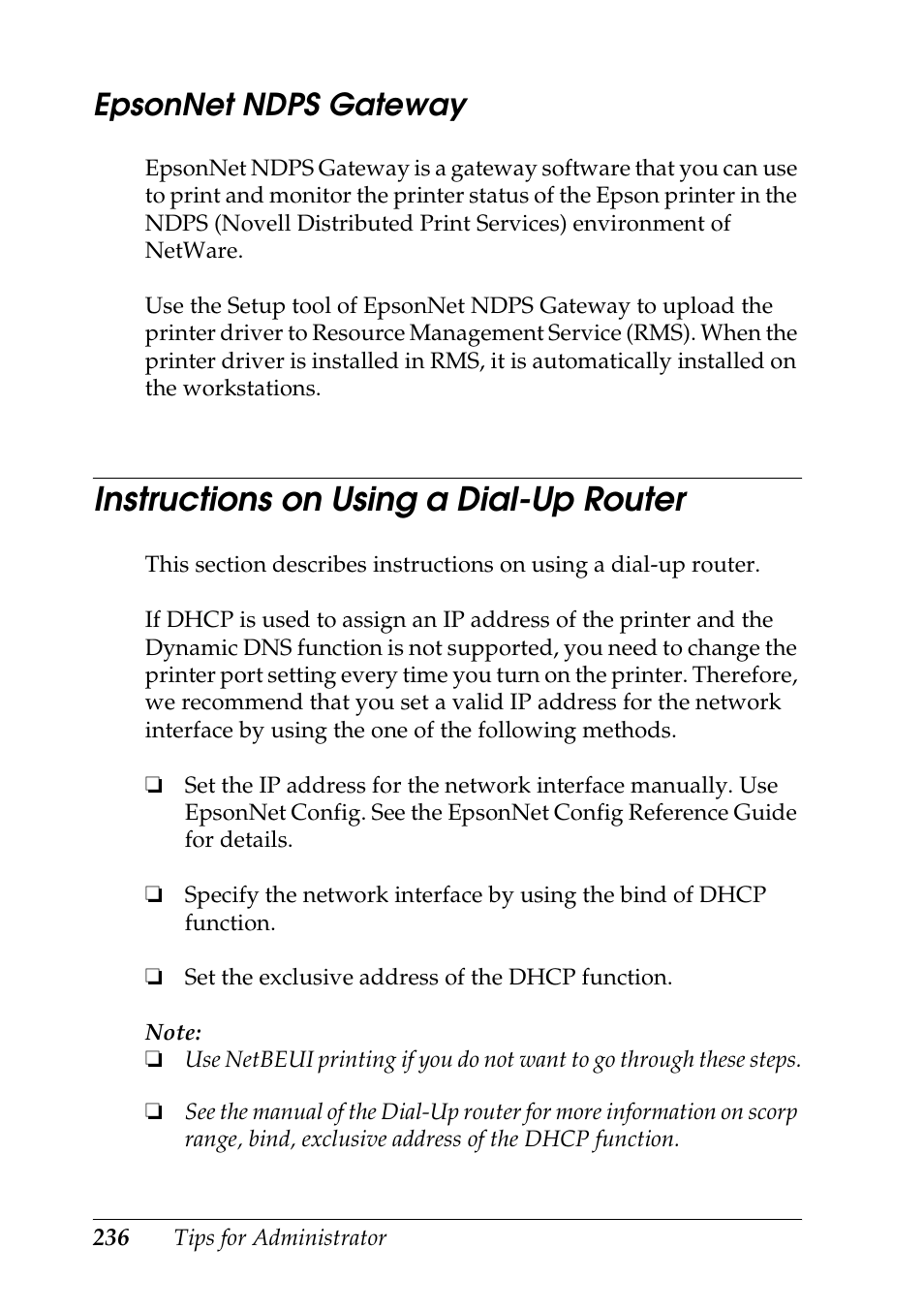 Epsonnet ndps gateway, Instructions on using a dial-up router | Epson COLOR Copy Station 8600 User Manual | Page 236 / 242