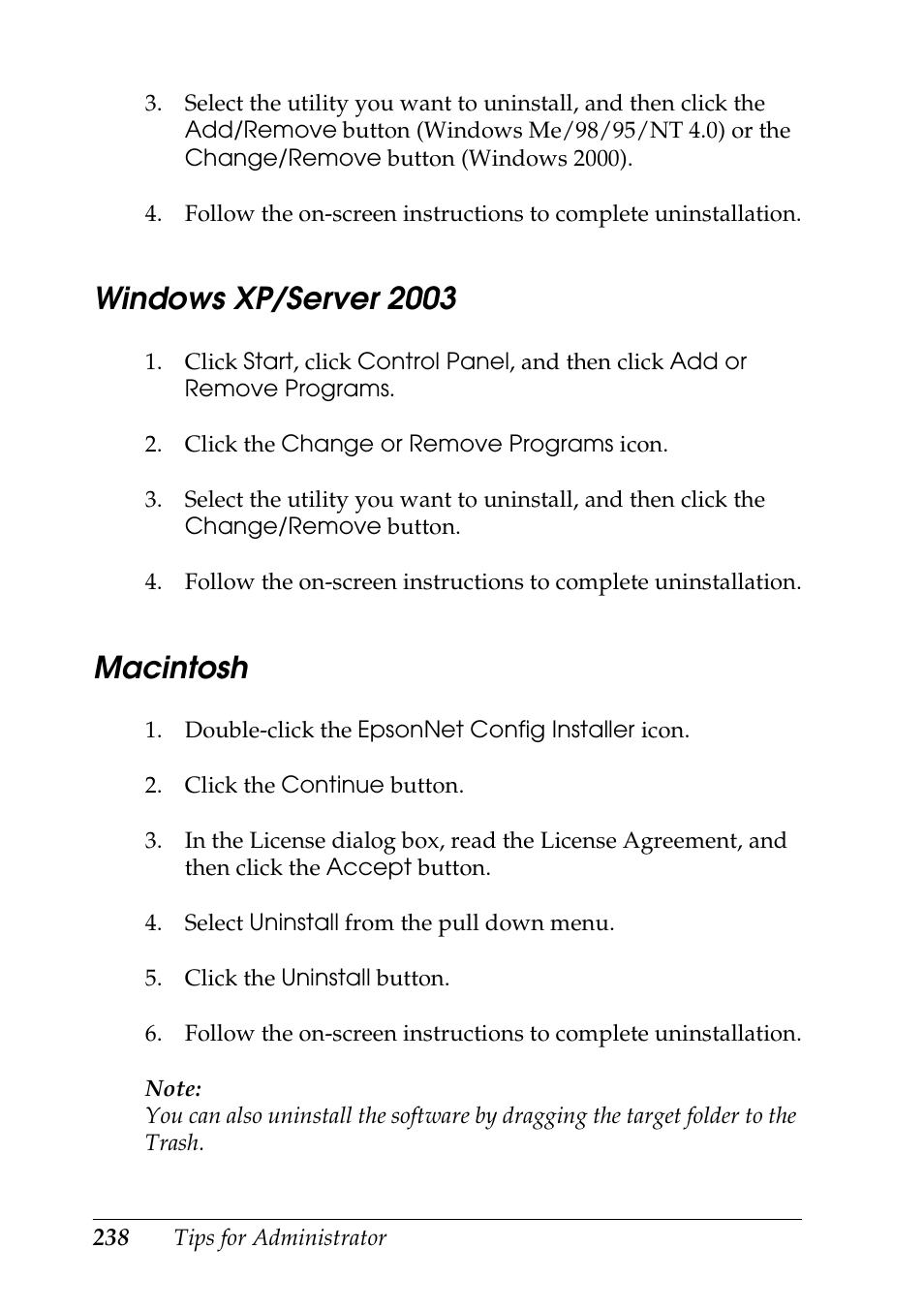 Windows xp/server 2003, Macintosh, Windows xp/server 2003 macintosh | Epson COLOR Copy Station 8600 User Manual | Page 238 / 242