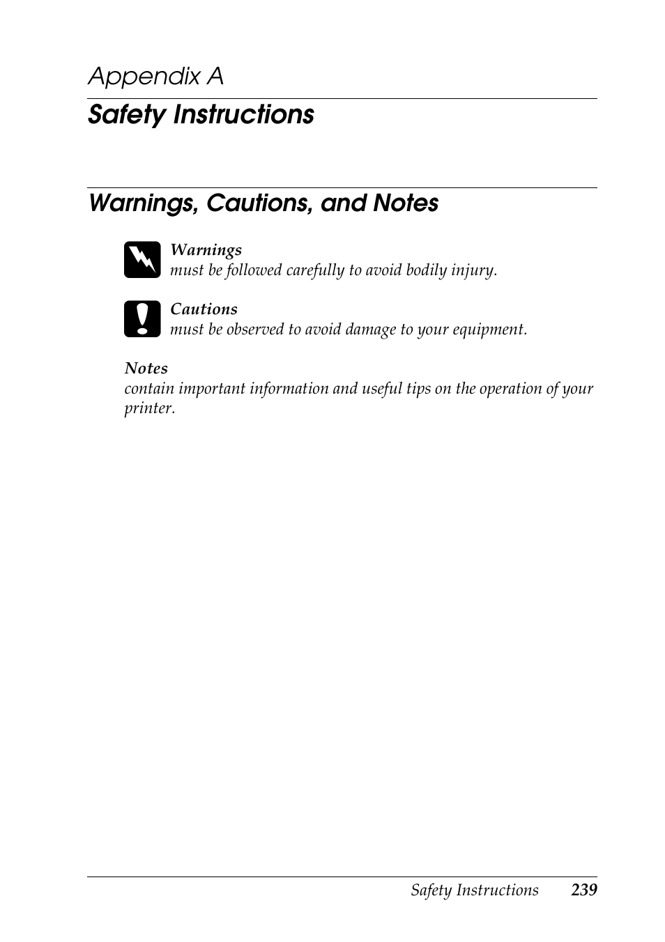 Safety instructions, Warnings, cautions, and notes, Appendix a | Epson COLOR Copy Station 8600 User Manual | Page 239 / 242