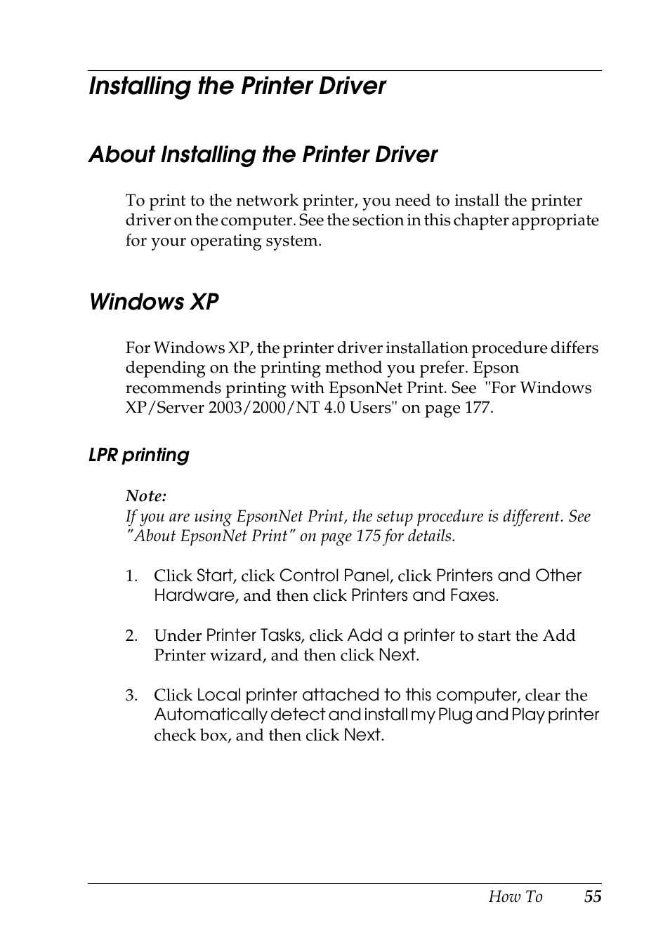 Installing the printer driver, About installing the printer driver, Windows xp | About installing the printer driver windows xp | Epson COLOR Copy Station 8600 User Manual | Page 55 / 242