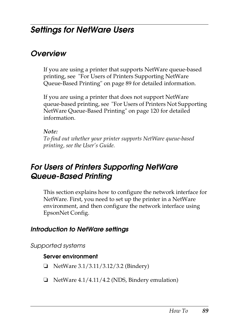 Settings for netware users, Overview, Printing | Epson COLOR Copy Station 8600 User Manual | Page 89 / 242