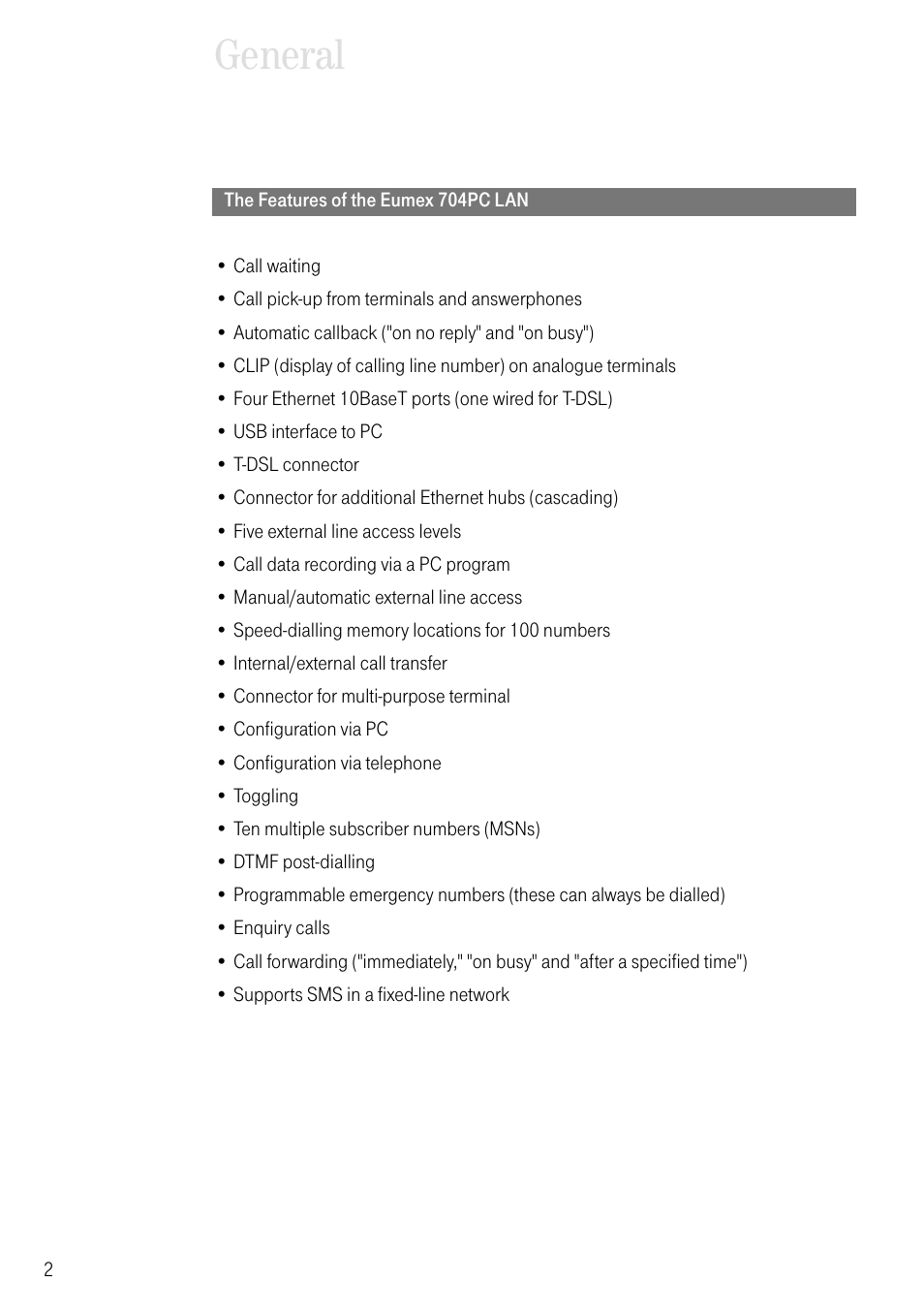 The features of the eumex 704pc lan, General | Deutsche Telekom 704PC User Manual | Page 10 / 120