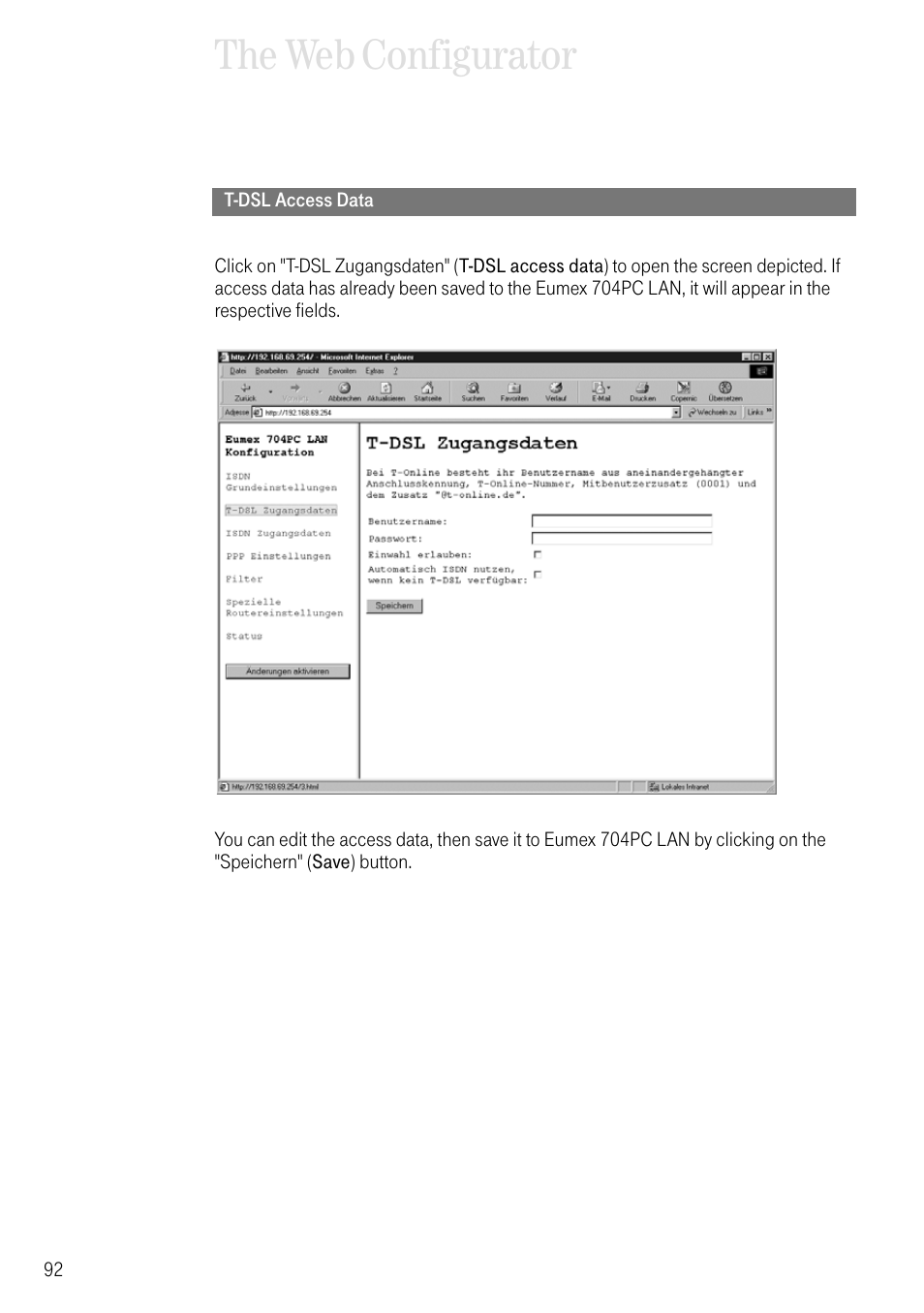 T-dsl access data, The web configurator | Deutsche Telekom 704PC User Manual | Page 100 / 120