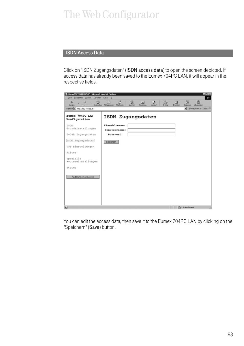 Isdn access data, The web configurator | Deutsche Telekom 704PC User Manual | Page 101 / 120