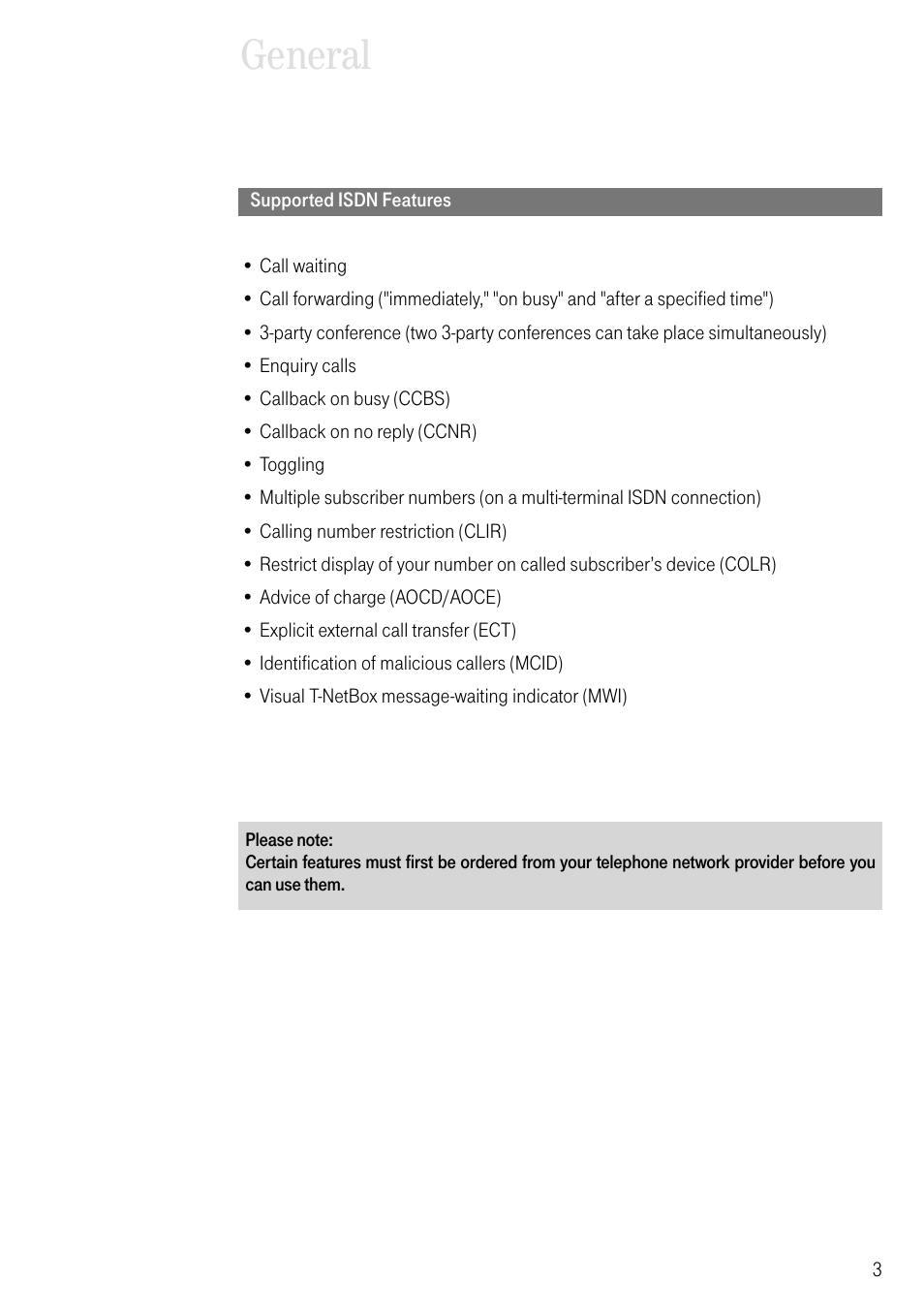 Supported isdn features, General | Deutsche Telekom 704PC User Manual | Page 11 / 120