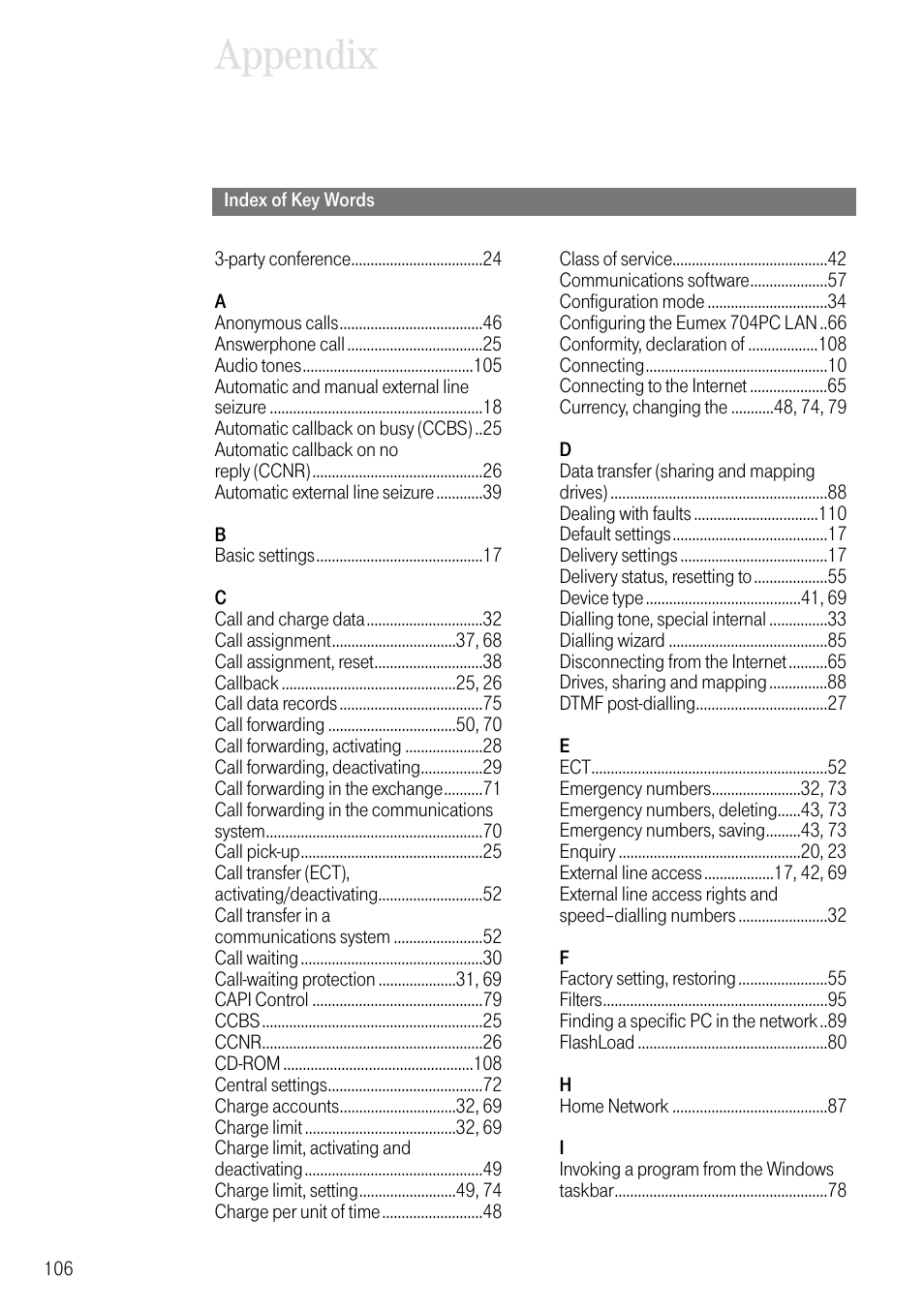 Index of key words, Appendix | Deutsche Telekom 704PC User Manual | Page 114 / 120