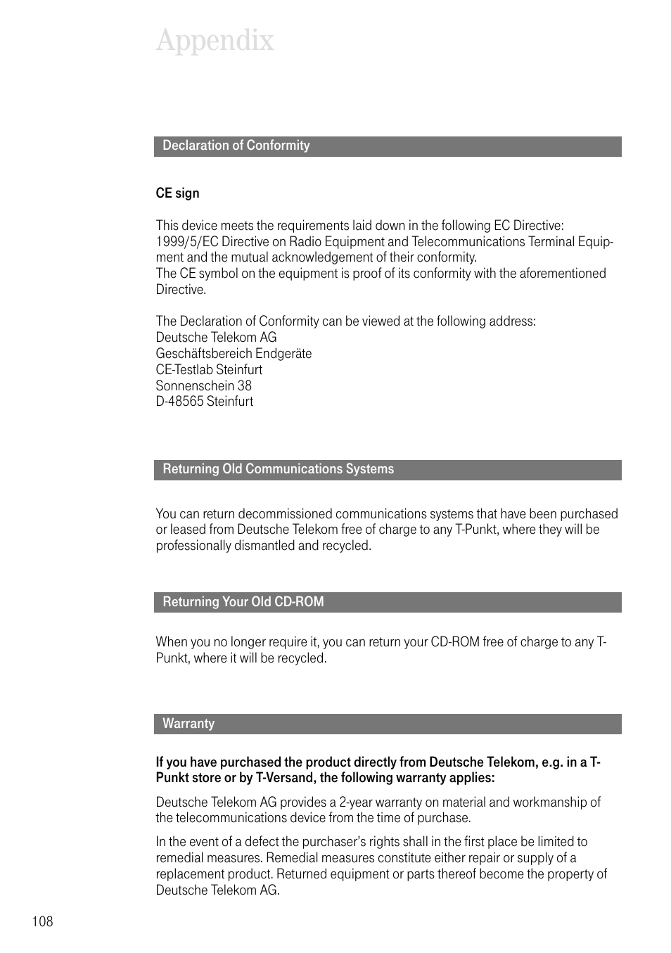 Declaration of conformity, Returning old communications systems, Returning your old cd-rom | Warranty, Appendix | Deutsche Telekom 704PC User Manual | Page 116 / 120