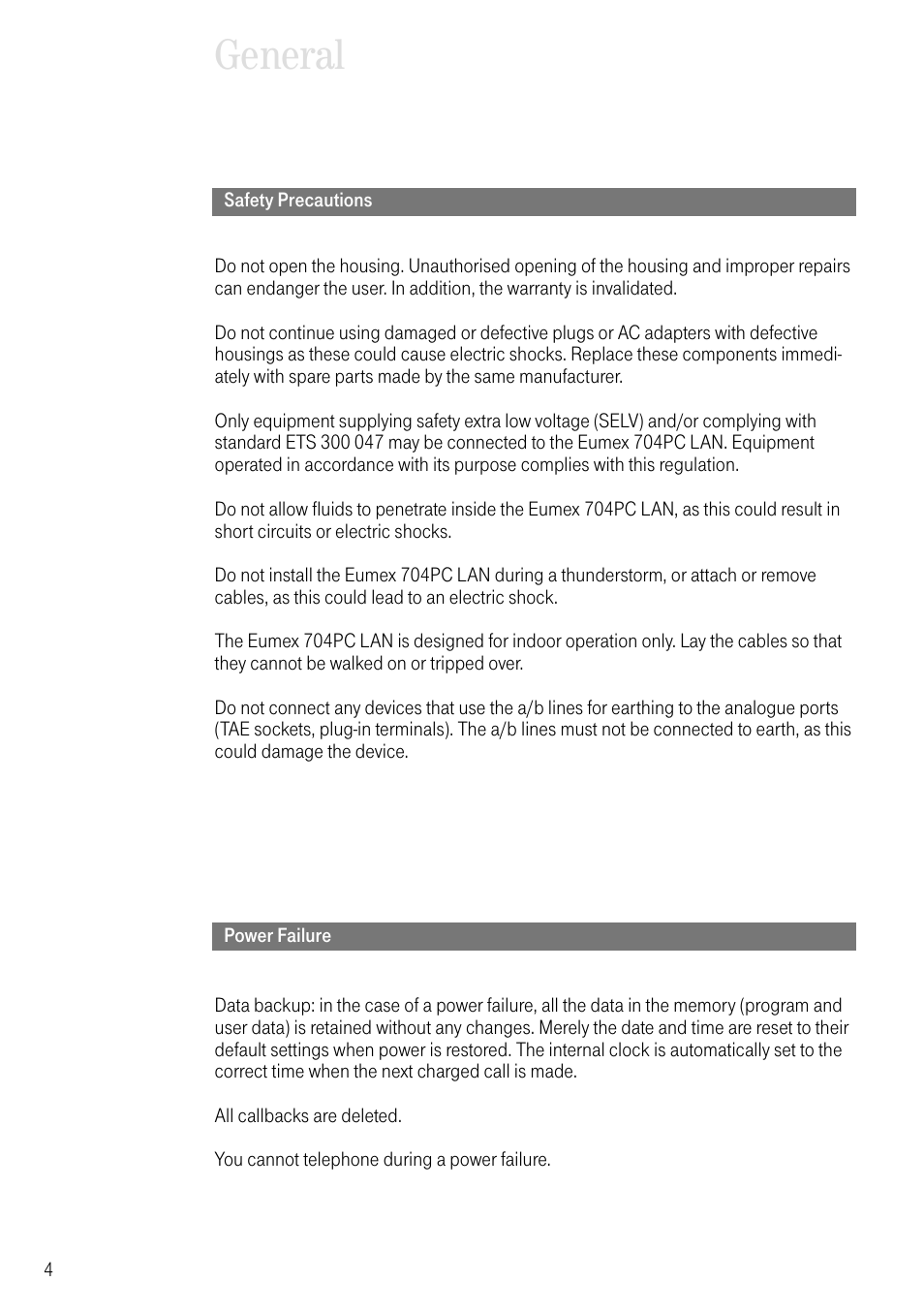 Safety precautions, Power failure, General | Deutsche Telekom 704PC User Manual | Page 12 / 120