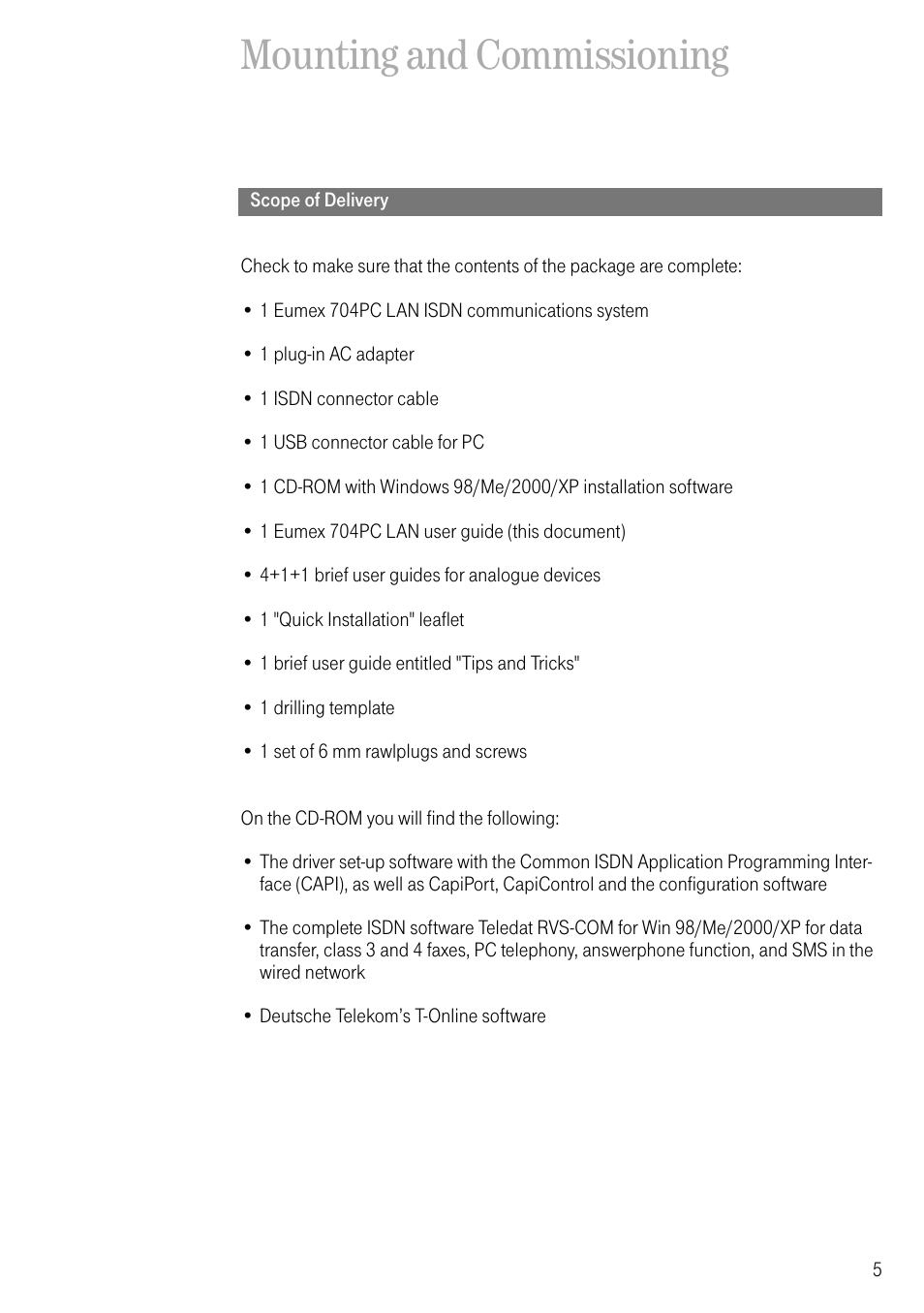 Mounting and commissioning, Scope of delivery | Deutsche Telekom 704PC User Manual | Page 13 / 120