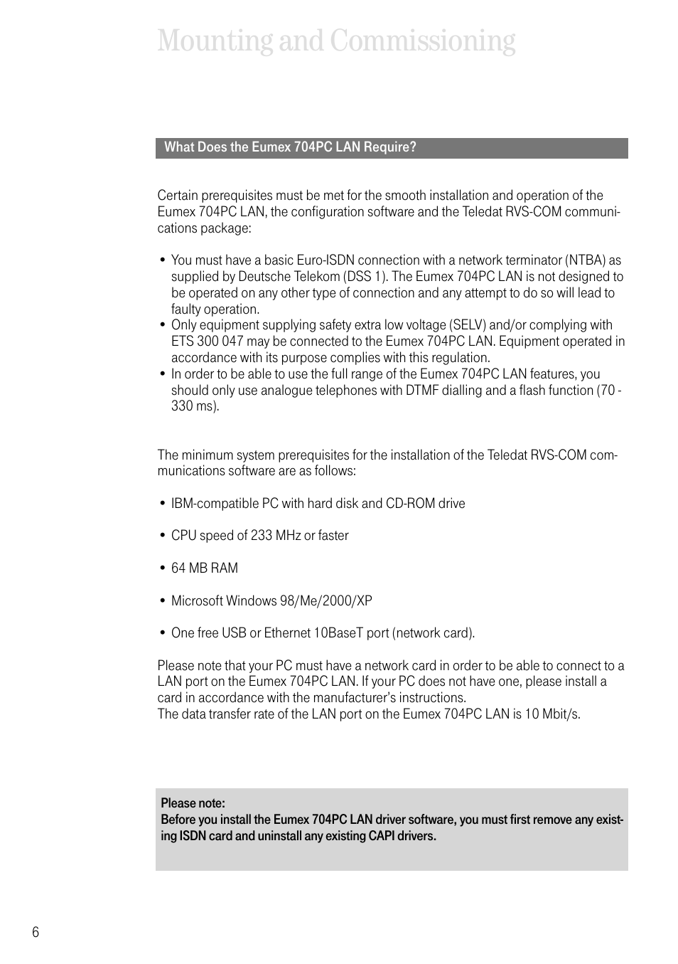 What does the eumex 704pc lan require, Mounting and commissioning | Deutsche Telekom 704PC User Manual | Page 14 / 120